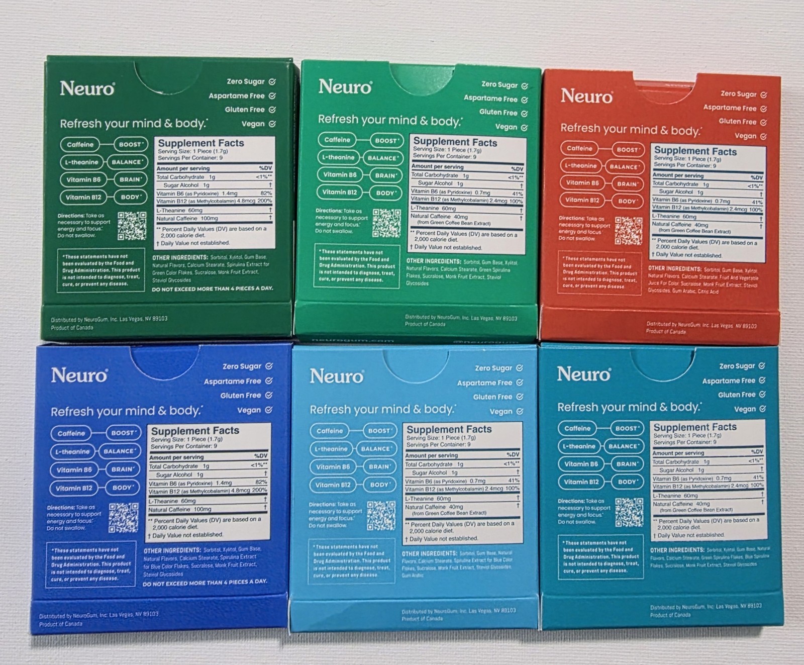 Neuro Gum L-theanine B-12 Nootropics Caffeine 6pk 54 pcs Energy & Focus Variety