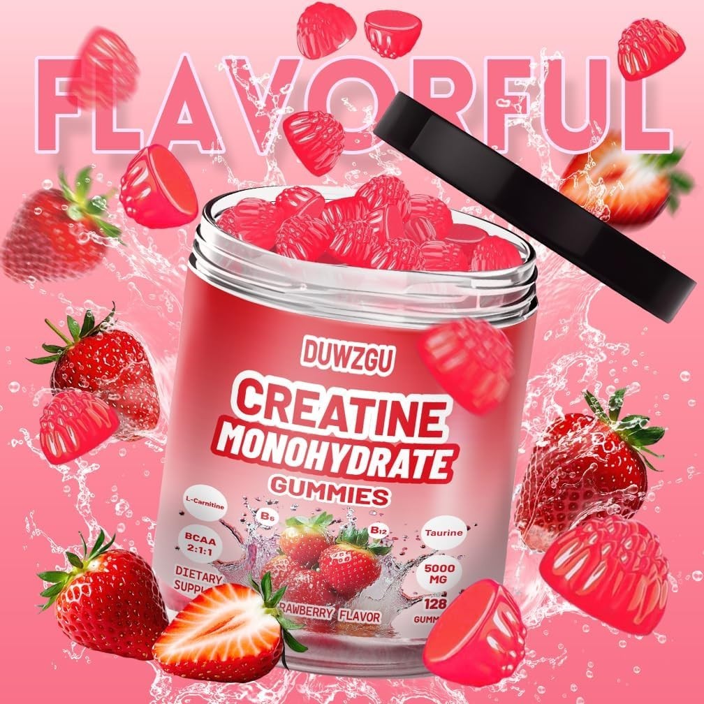 Duwzgu Creatine Monohydrate Gummies Raspberry 128ct Bottle | 5000mg, BCAA B12