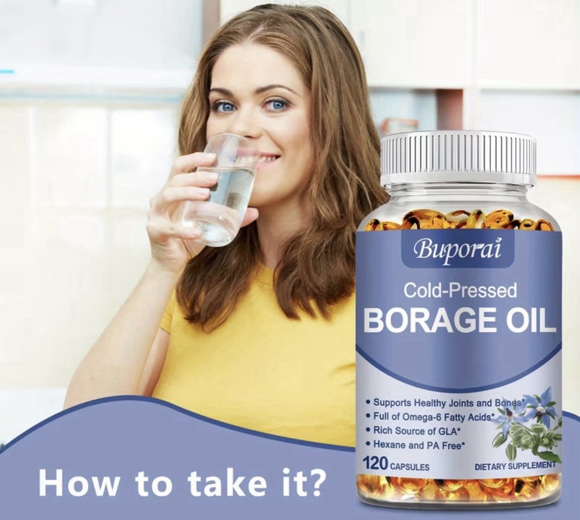 Buporai Cold-Pressed Borage Oil 1000mg Hexane-Free 120 Capsules Joint