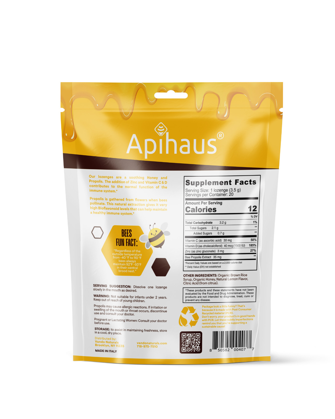 Honey and Propolis Lozenges by Apihaus 20 pcs Lemon Flavor
