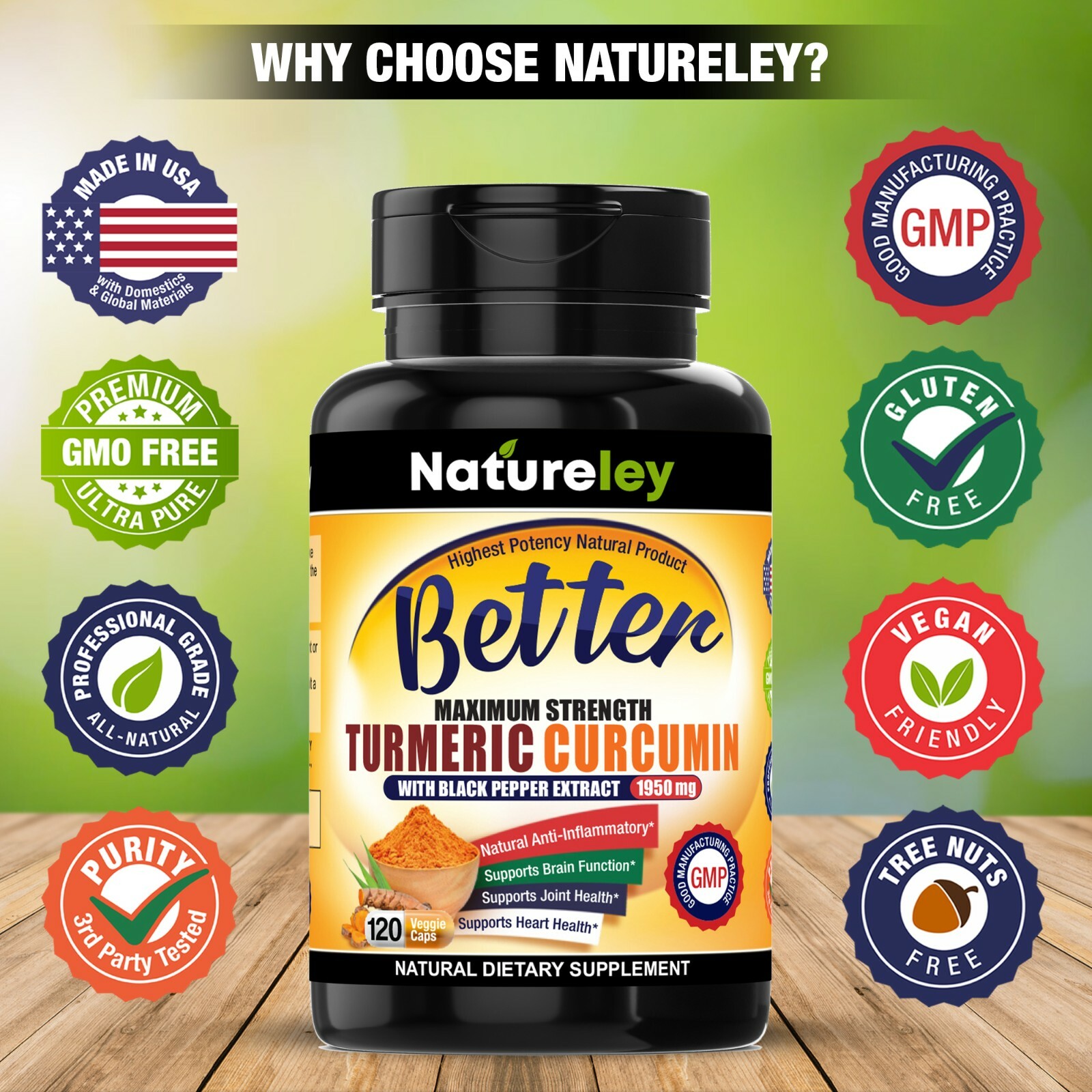 Organic Turmeric Curcumin 1950mg with Black Pepper Extract Supplements -120 Caps