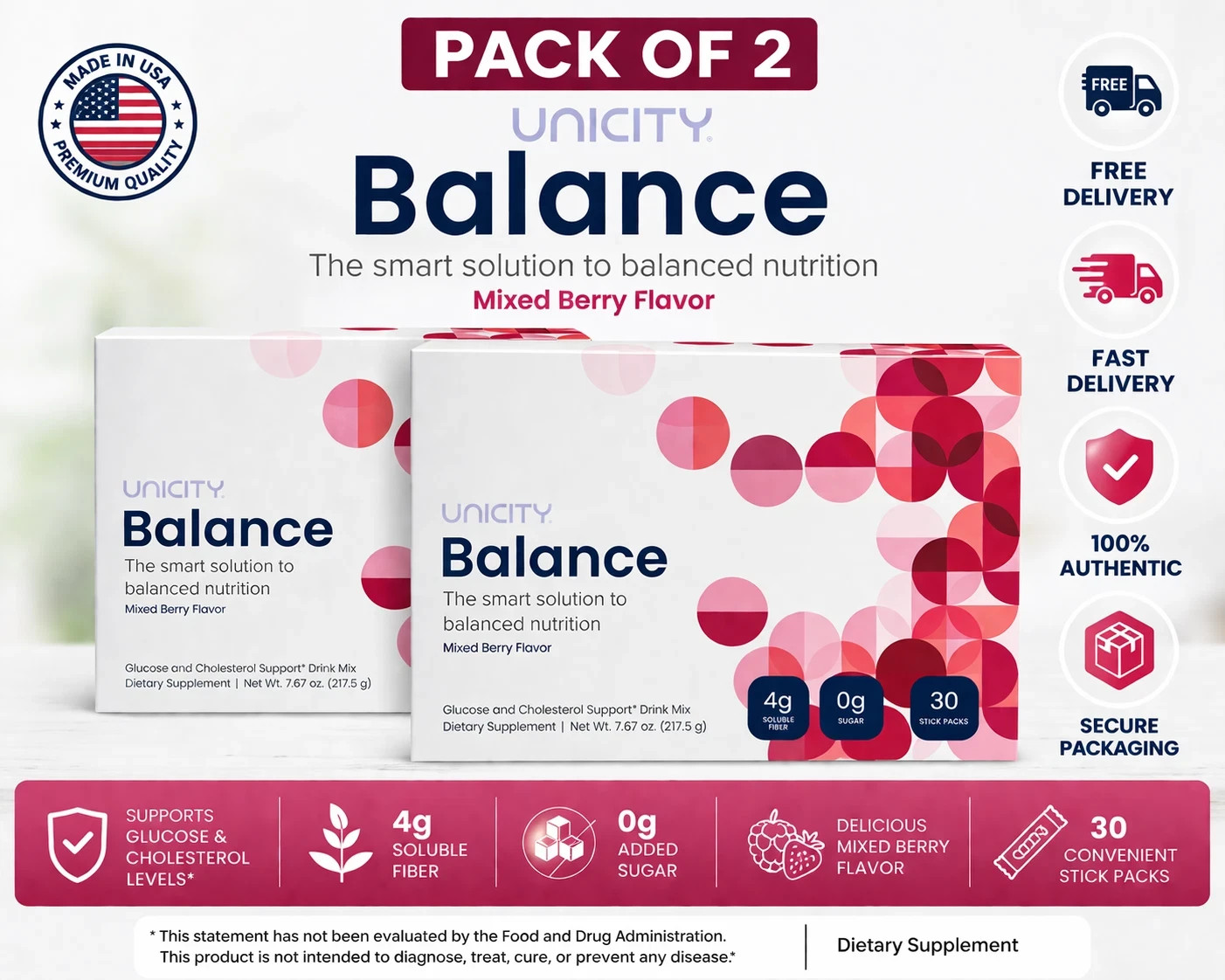 Unicity Balance NATURAL Mixed Berry 30 Stick Packs Fiber Supplement Drink Mix