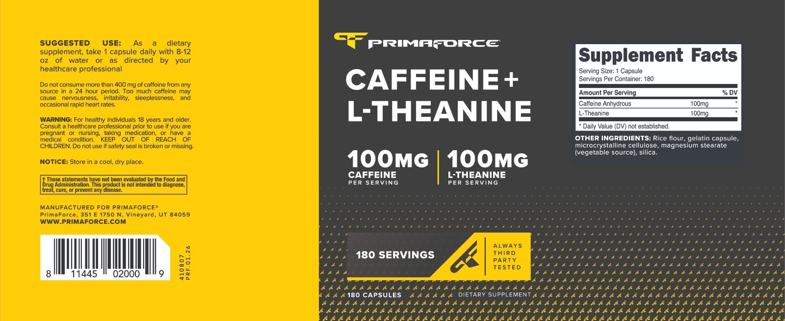Primaforce Caffeine with L-Theanine, 100mg of Each, 180 Capsules, 180 Servings