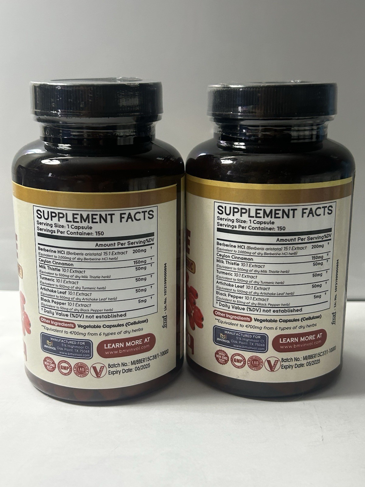 BMVINOL Berberine Ceylon Cinnamon + Turmeric 150 capsules 4700mg Exp: 5/25 2 Lot