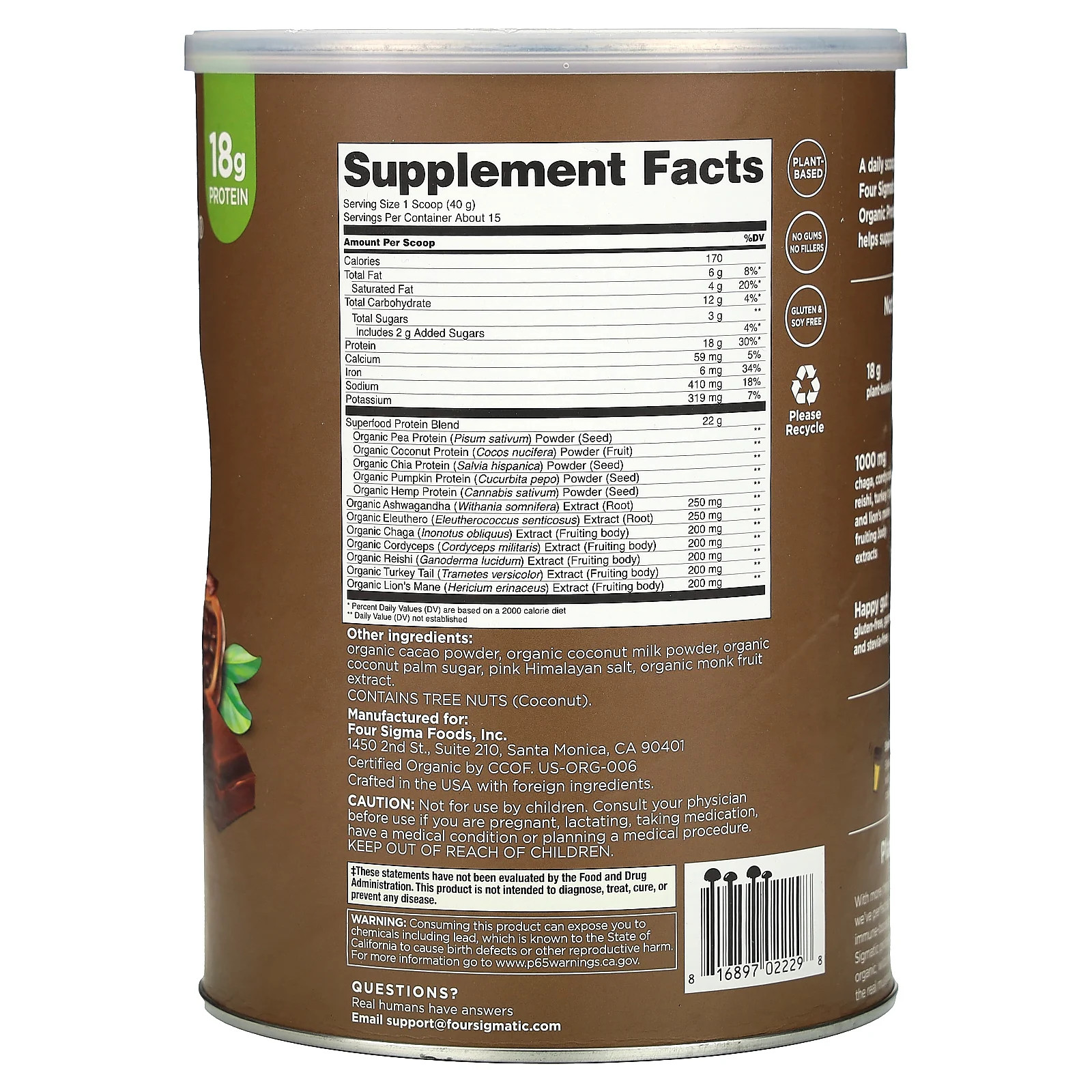 Plant-Based Organic Protein with Mushrooms & Adaptogens, Creamy Cacao, 1.32 lbs