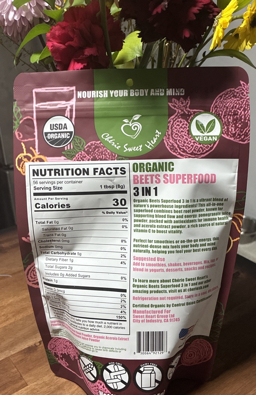 USDA ORGANIC BEETS SUPERFOOD 3 IN 1: BEET ROOT.ACEROLA EXTRACT.POMEGRANATE JUICE