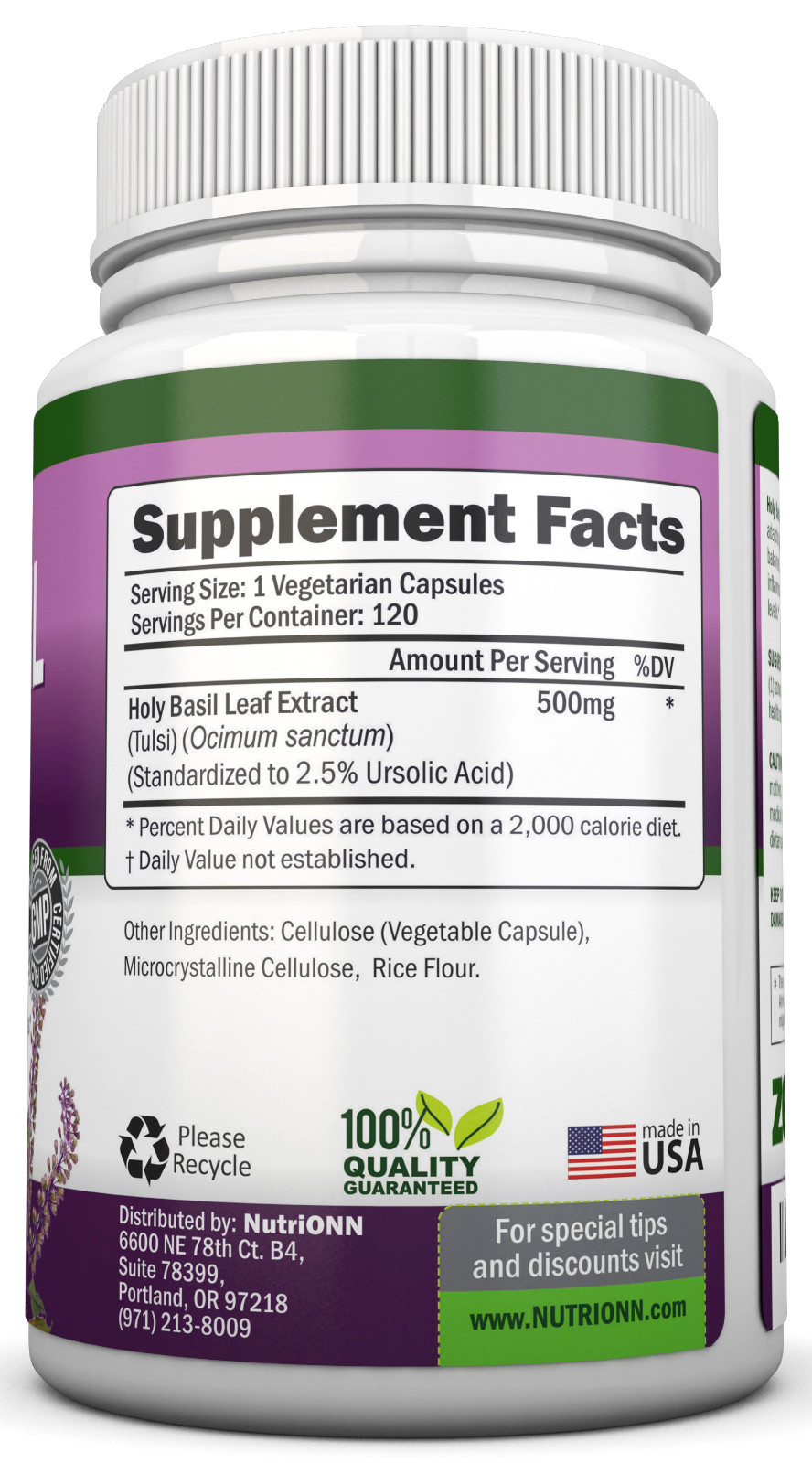 Holy Basil Leaf Extract – 500mg – 2.5% Ursolic Acid – 120 Vegan Capsules