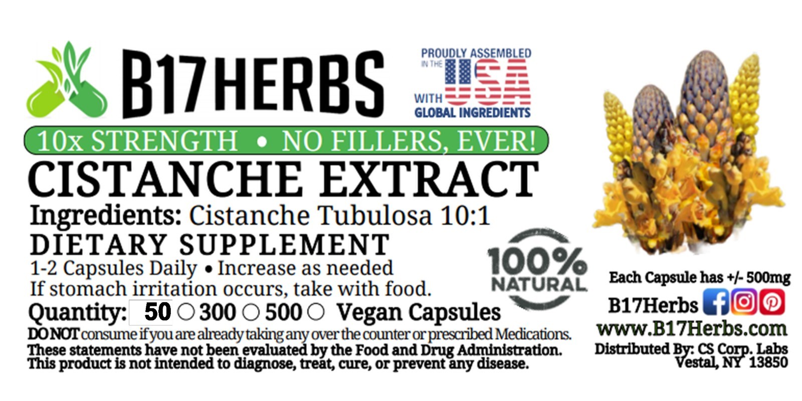 Cistanche Tubulosa Extract Caps 10:1 Xtra Strength – B17 Herbs – 500 Veggie Caps