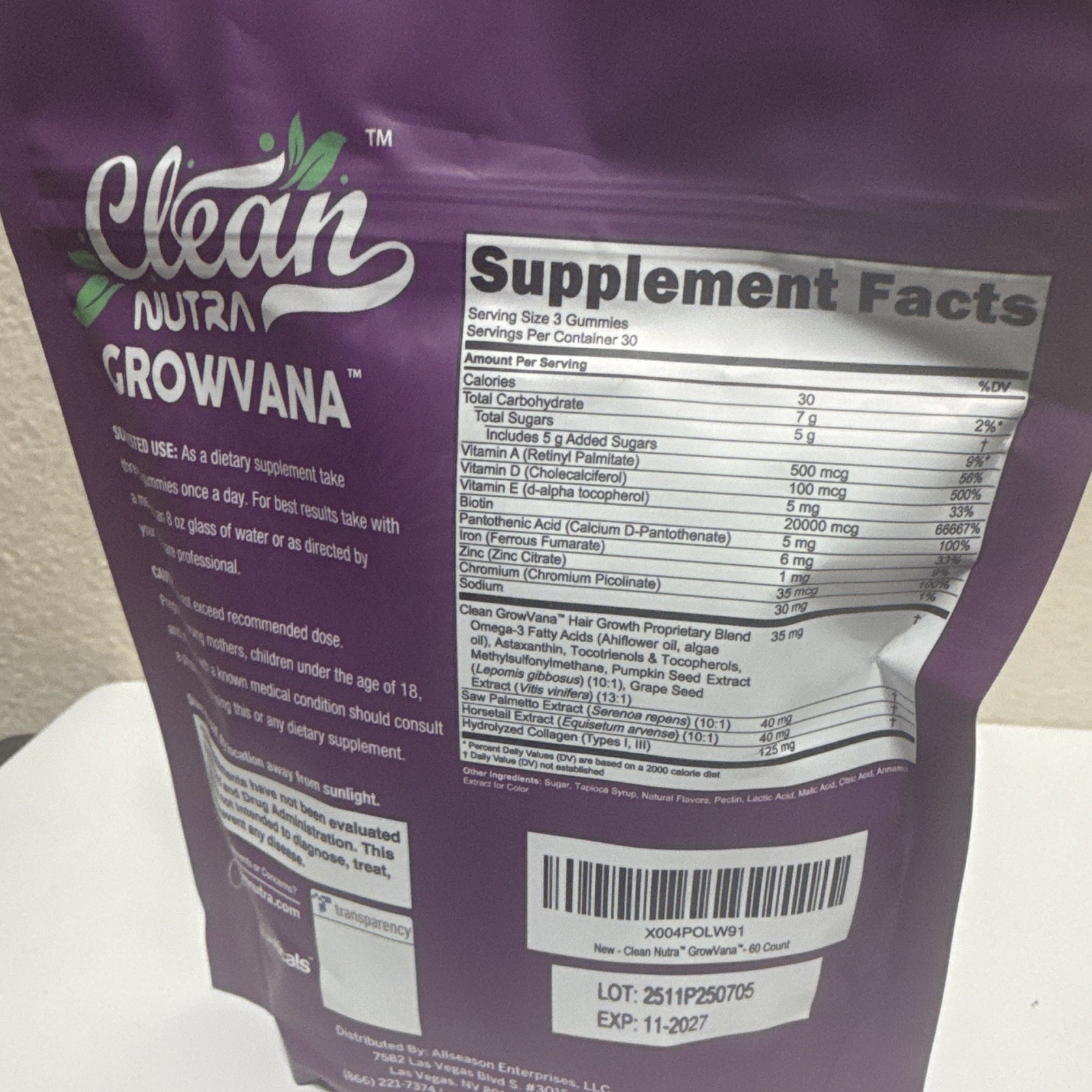 Clean Nutra GrowVana Biotin + Collagen Gummies 90 Count Exp 11/2027