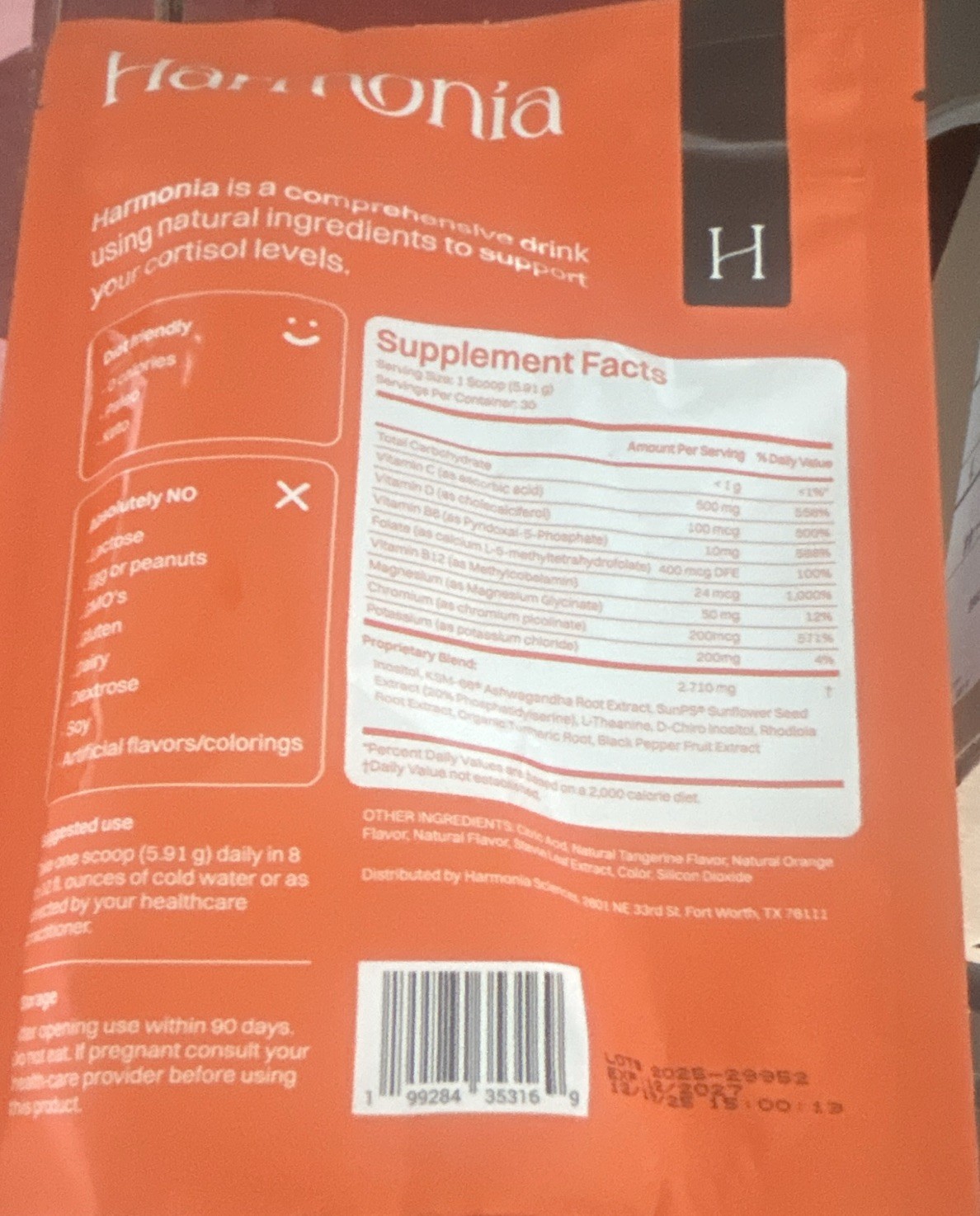 Harmonia Cortisol Support Adrenal Powder Drink Mix Orange 30 Servings 6.25oz