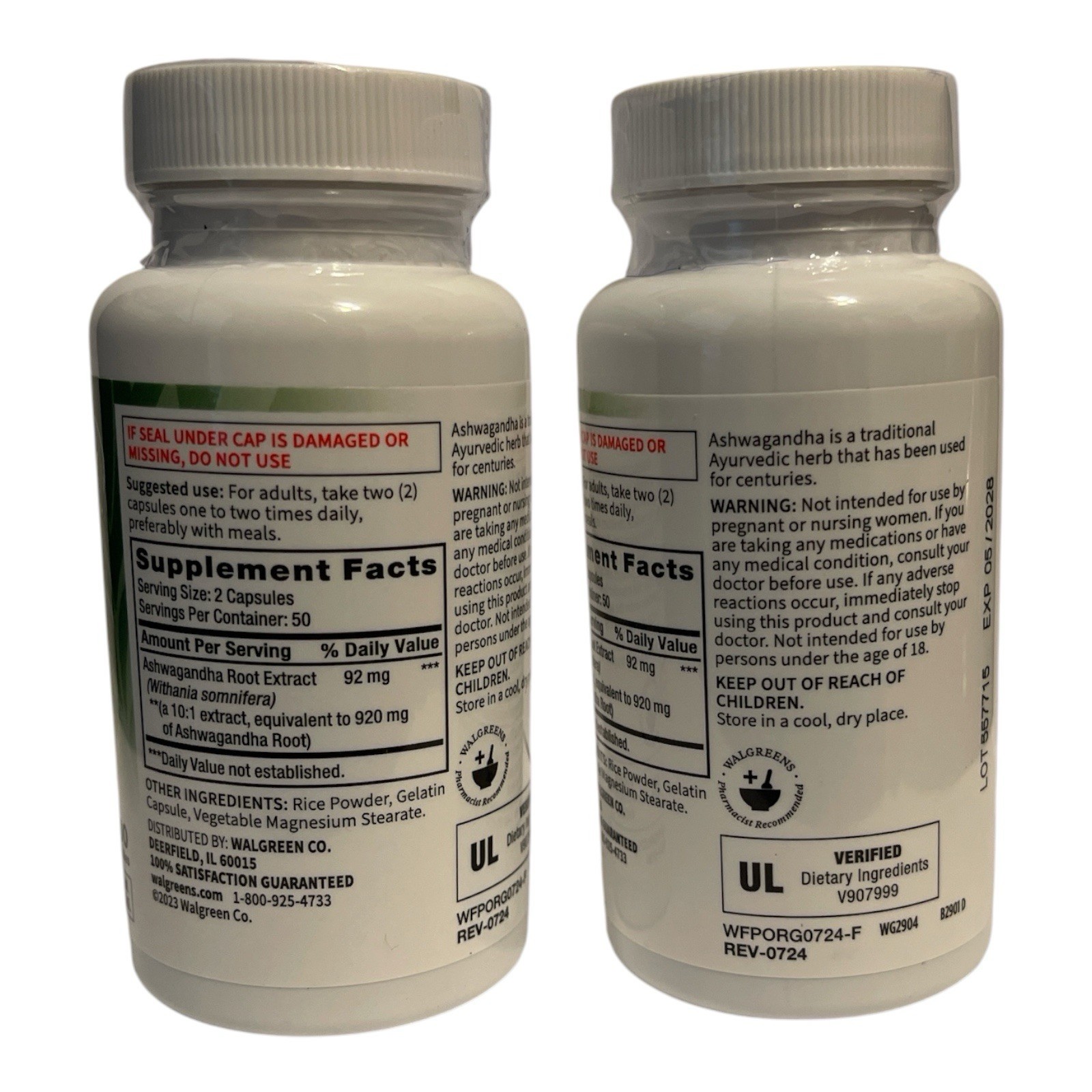 2 Walgreens Free + Pure Ashwagandha Root 100 Ct Exp 05/2028