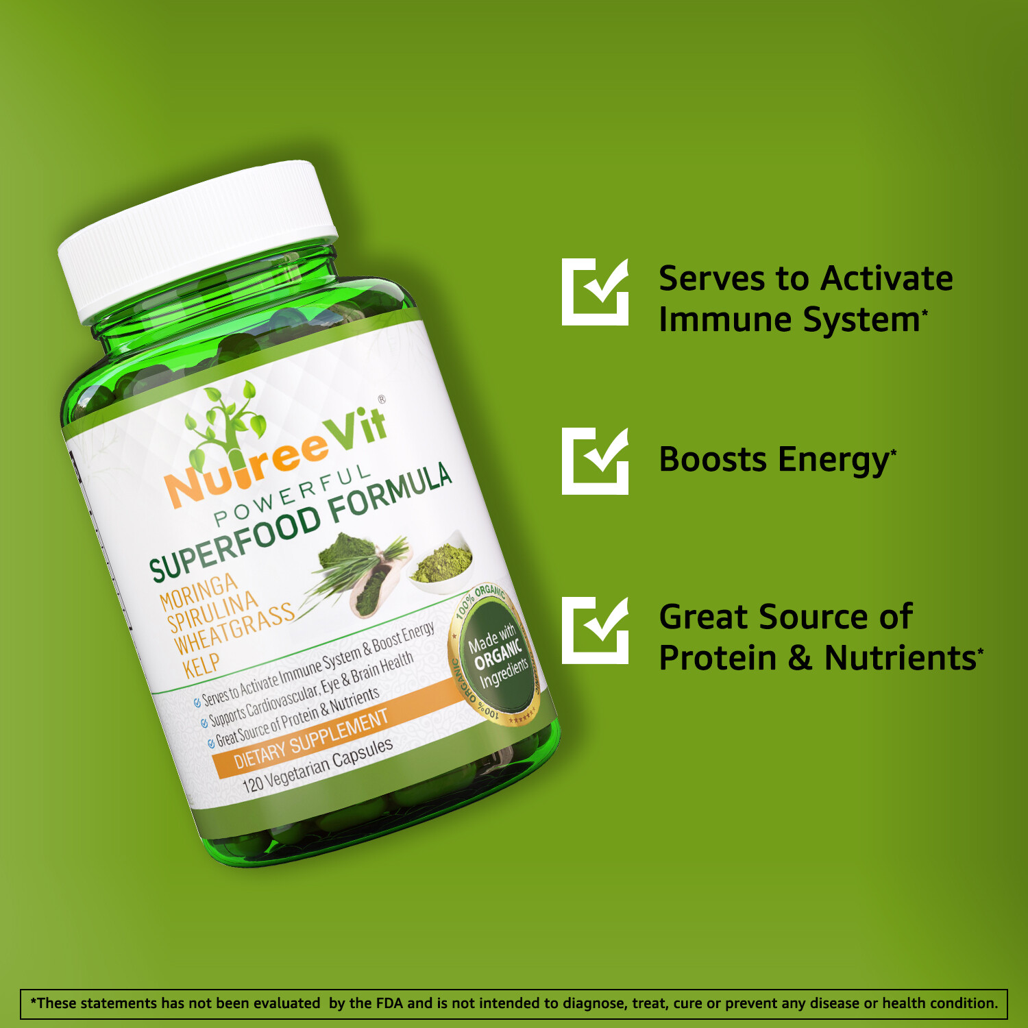 PURE ORGANIC SUPERFOOD-MORINGA SPIRULINA WHEATGRASS KELP VEGGIE CAPSULES (500mg)