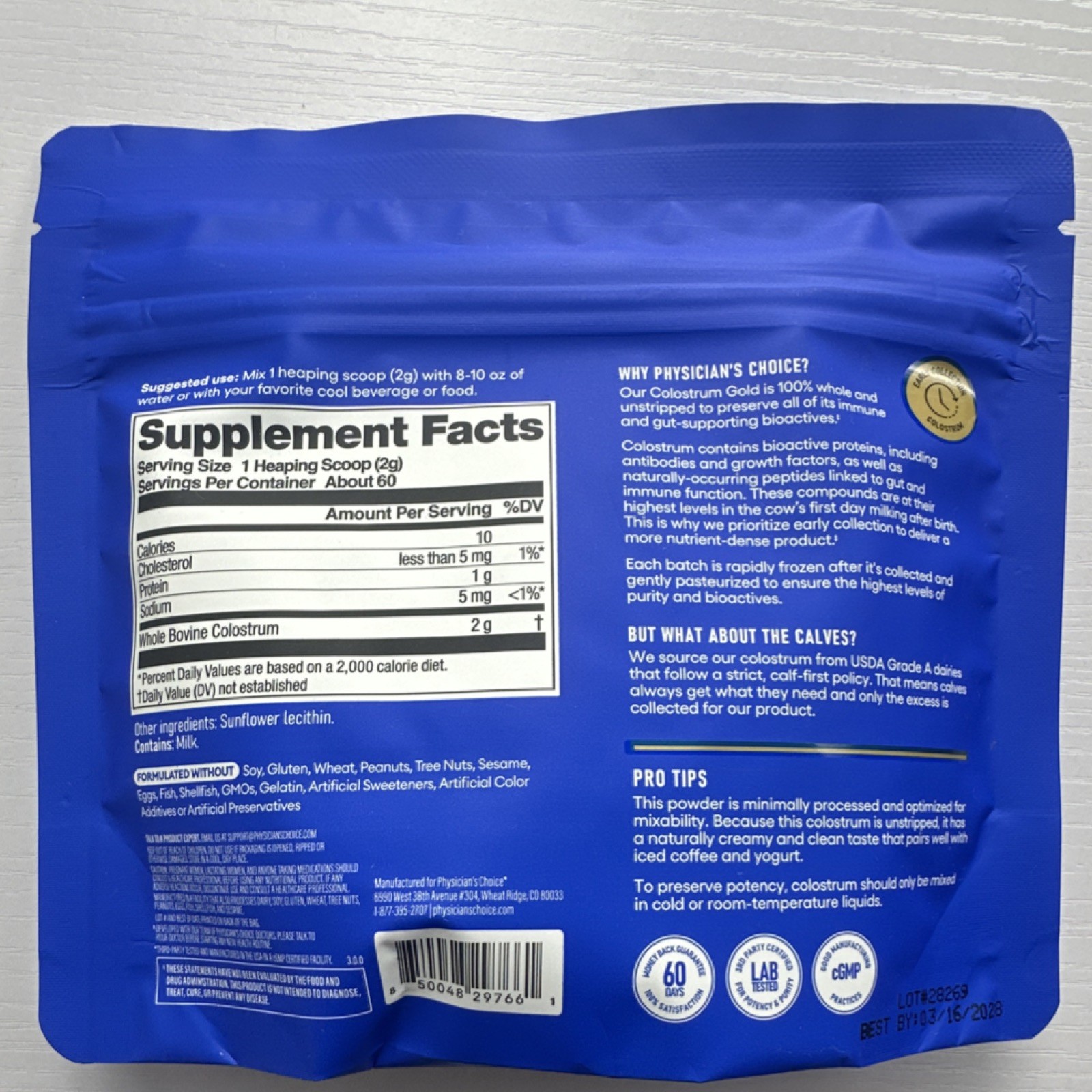 Physician’s Choice Colostrum Gold Powder Unflavored rBST-Free 120g Exp 03/2028