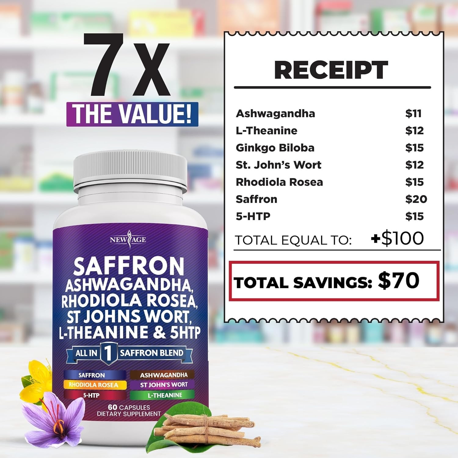 NEW AGE Saffron Ashwagandha L-Theanine Ginkgo 5-HTP Rhodiola 120 Count (2 Pack)