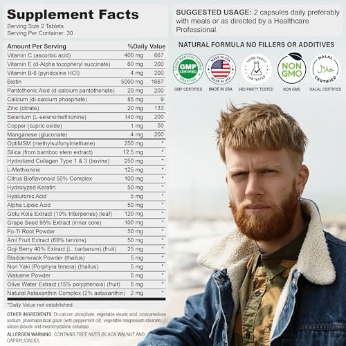 Men’s Beard Growth Supplement – Biotin, Collagen, Keratin 60 Tablets