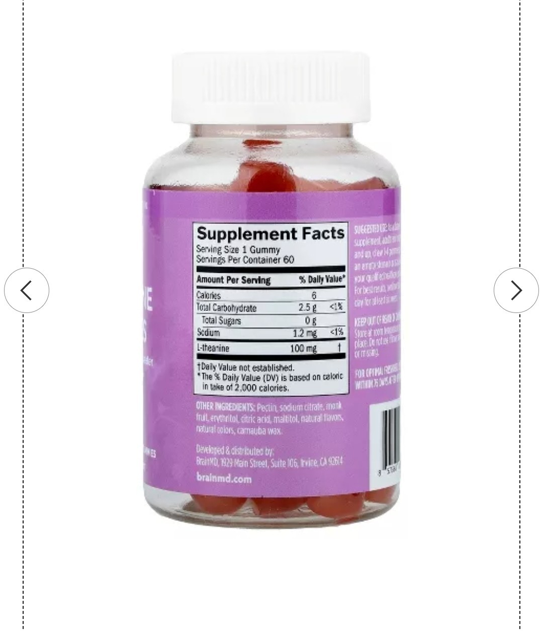 BrainMD L-Theanine Sugar-Free Calm Clarity Berry 60 Gummies Exp 1/2028