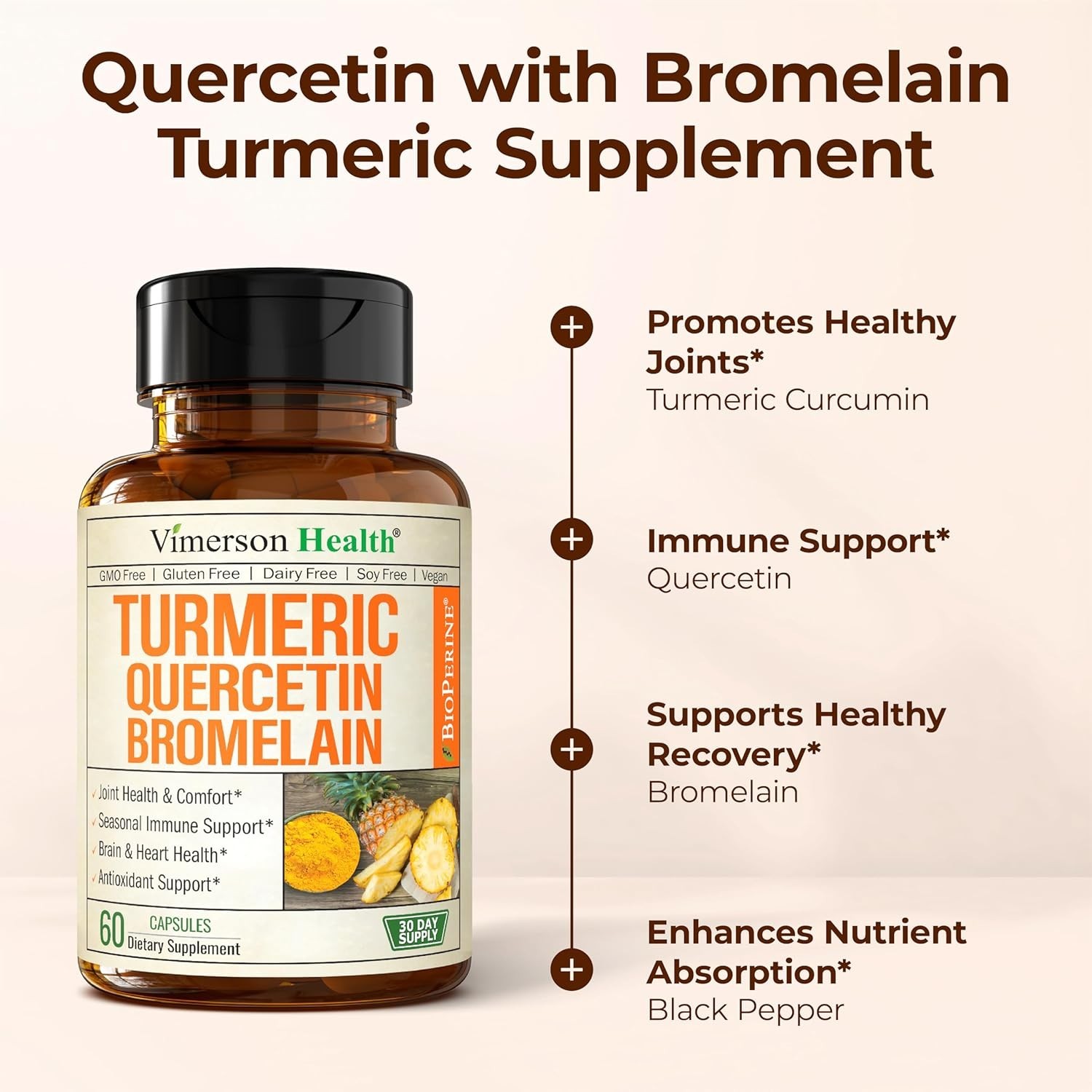 Quercetin with Bromelain Turmeric Curcumin Supplement – Allergy Relief, Immune &
