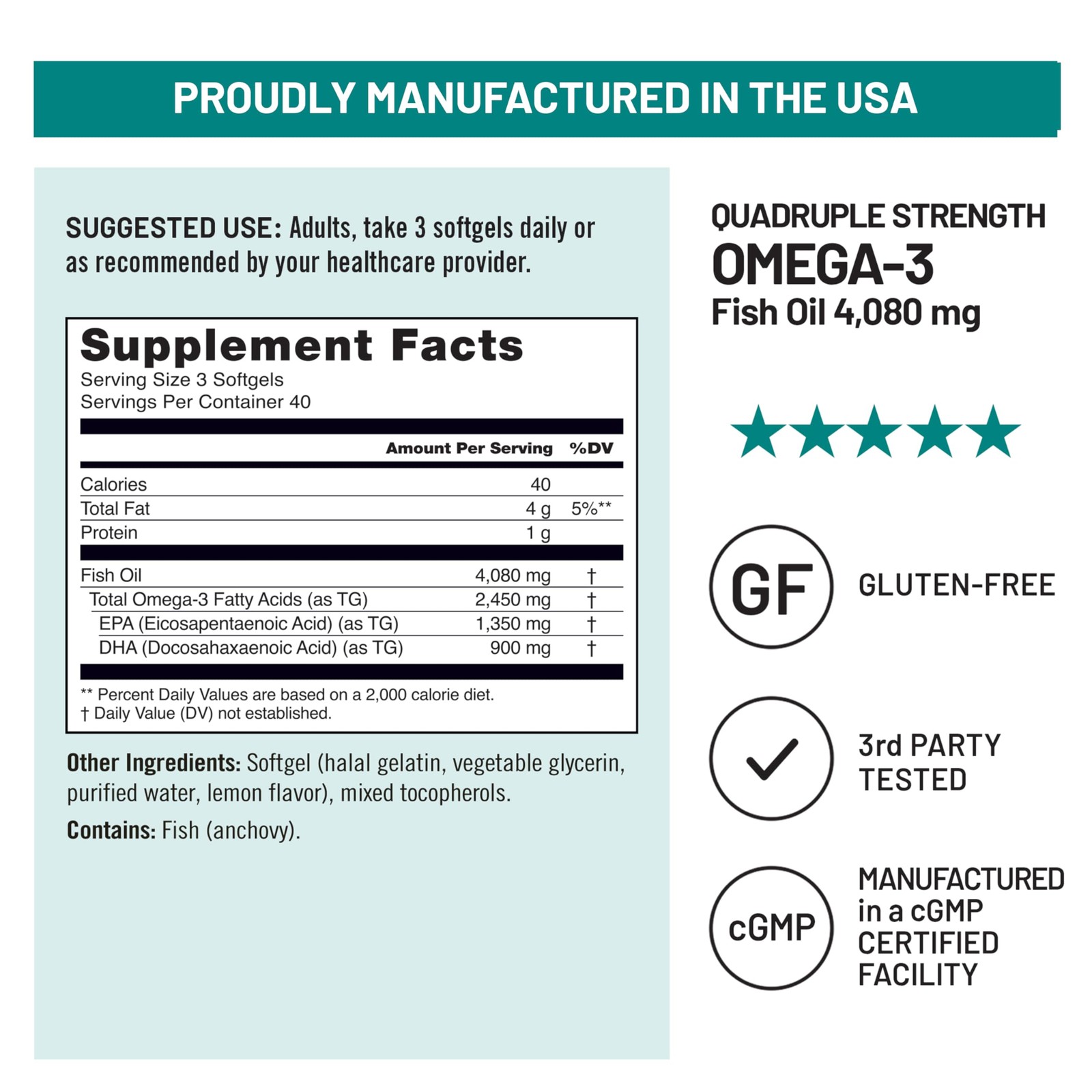 NatureWise Quad Strength Omega-3 Fish Oil 4080mg TG Form Wild Caught Burpless