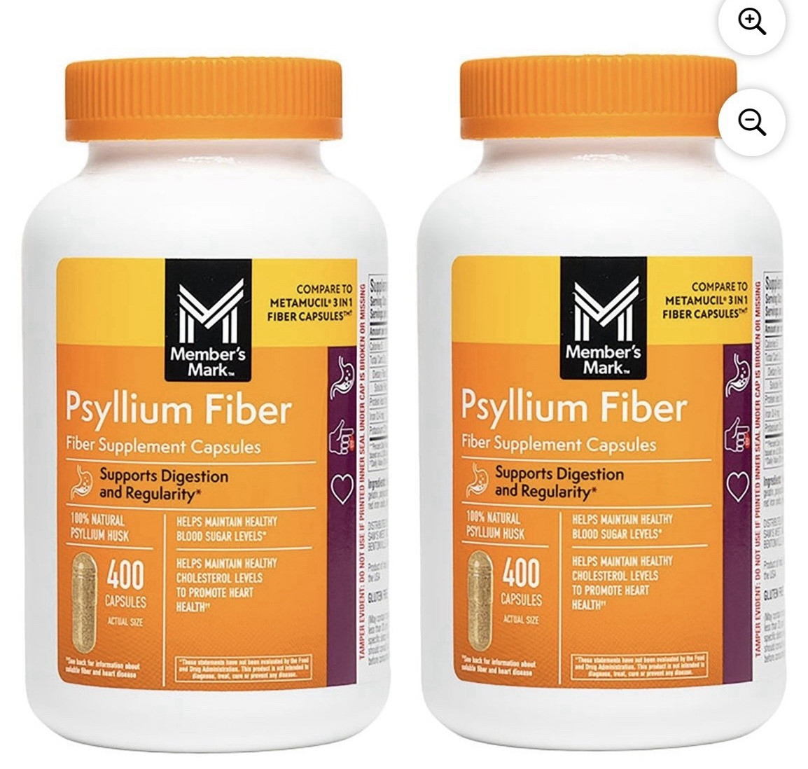 Member’s Mark Psyllium Fiber Capsules Gluten-Free 100% Natural Twin Pack 2×400