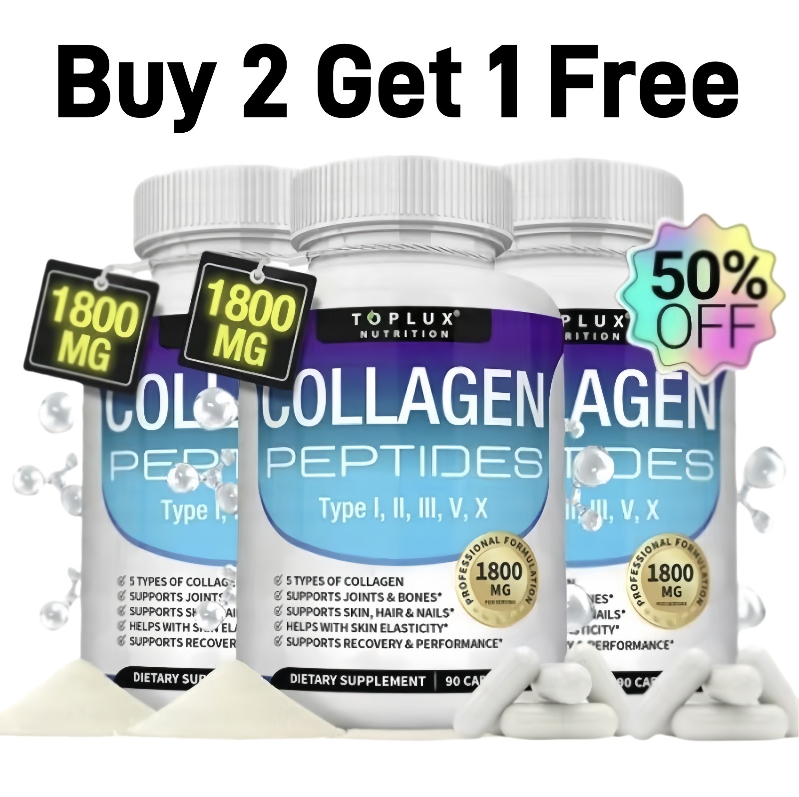 Toplux Nutrition Collagen Peptides 5 Types 1800mg US-Made 90 Capsules