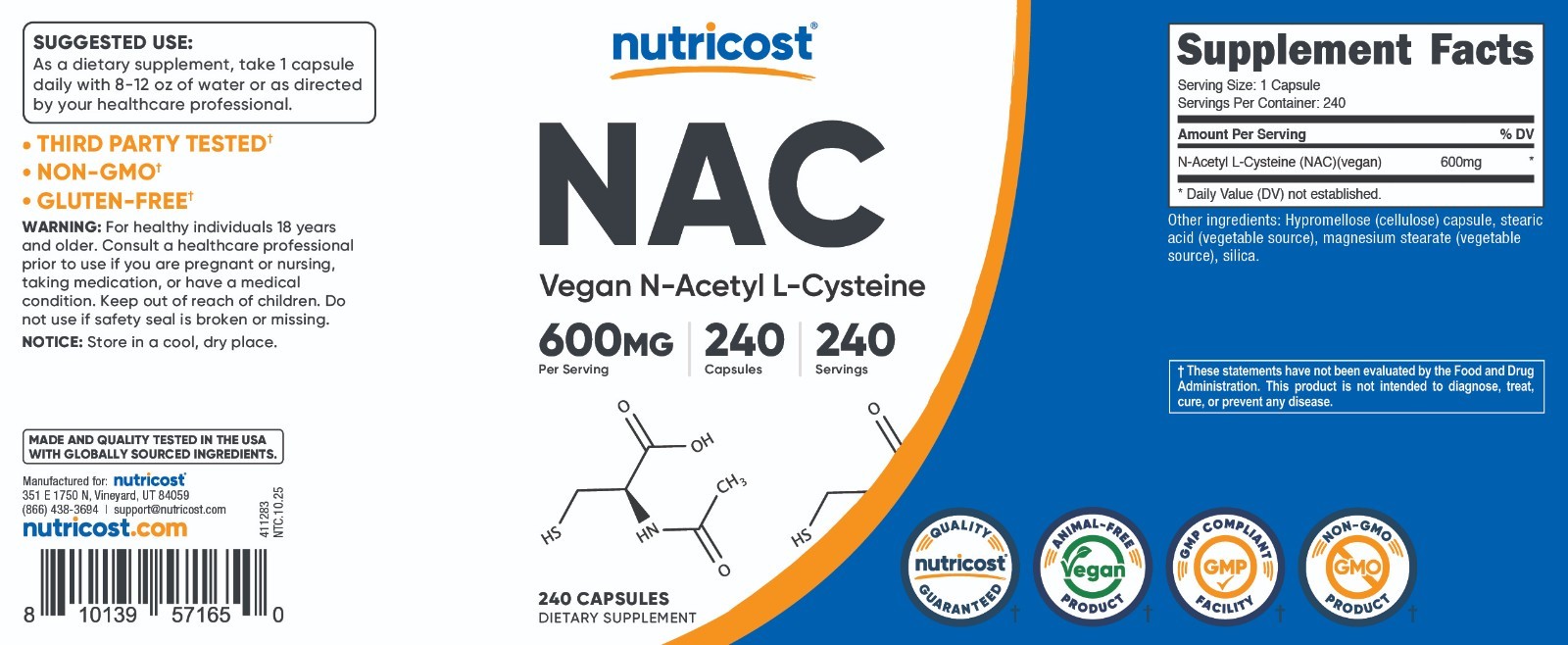 Nutricost N-Acetyl L-Cysteine (NAC) 600mg, 240 Vegetarian Capsules