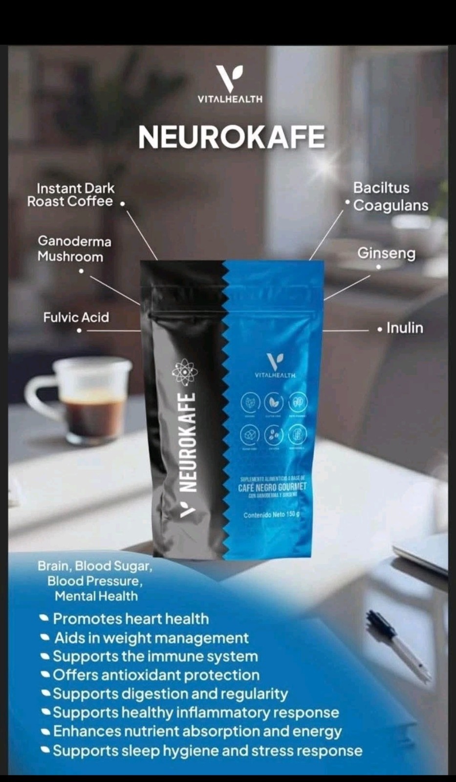 VitalHealth NeuroKafe Dark Roast Coffee Ganoderma Ginseng Keto Probiotic