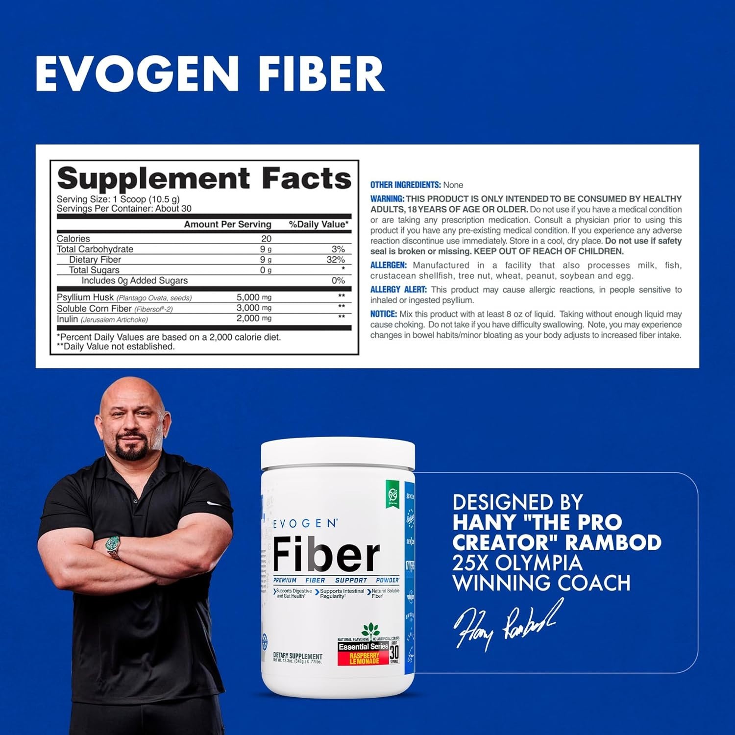Evogen Premium Fiber Powder Supplement – Raspberry Lemonade Flavor – 12.3 oz.