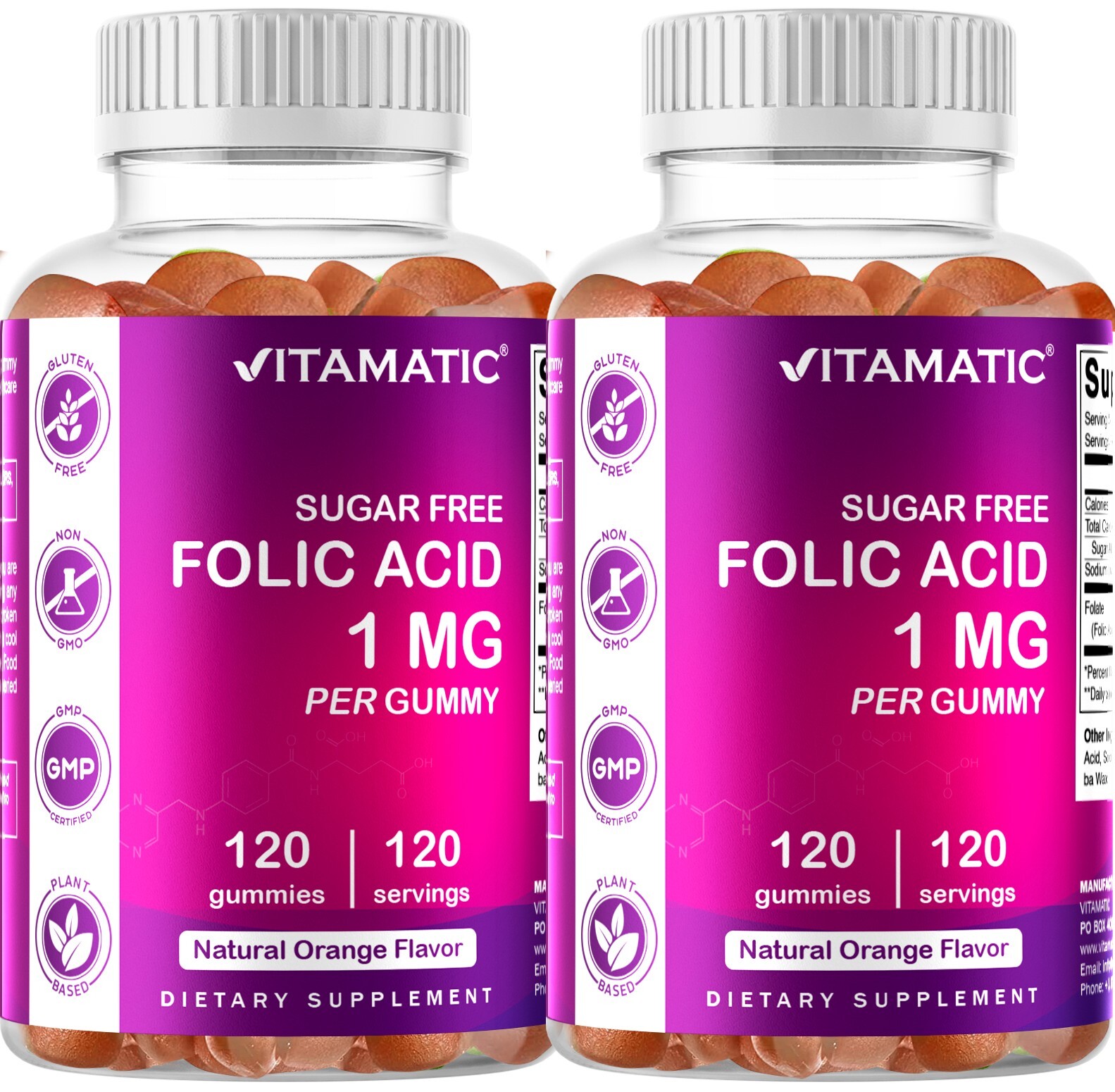 2- Pack Vitamatic Folic Acid Gummies 1000 mcg Vitamin B9 – 120 Vegan Gummies