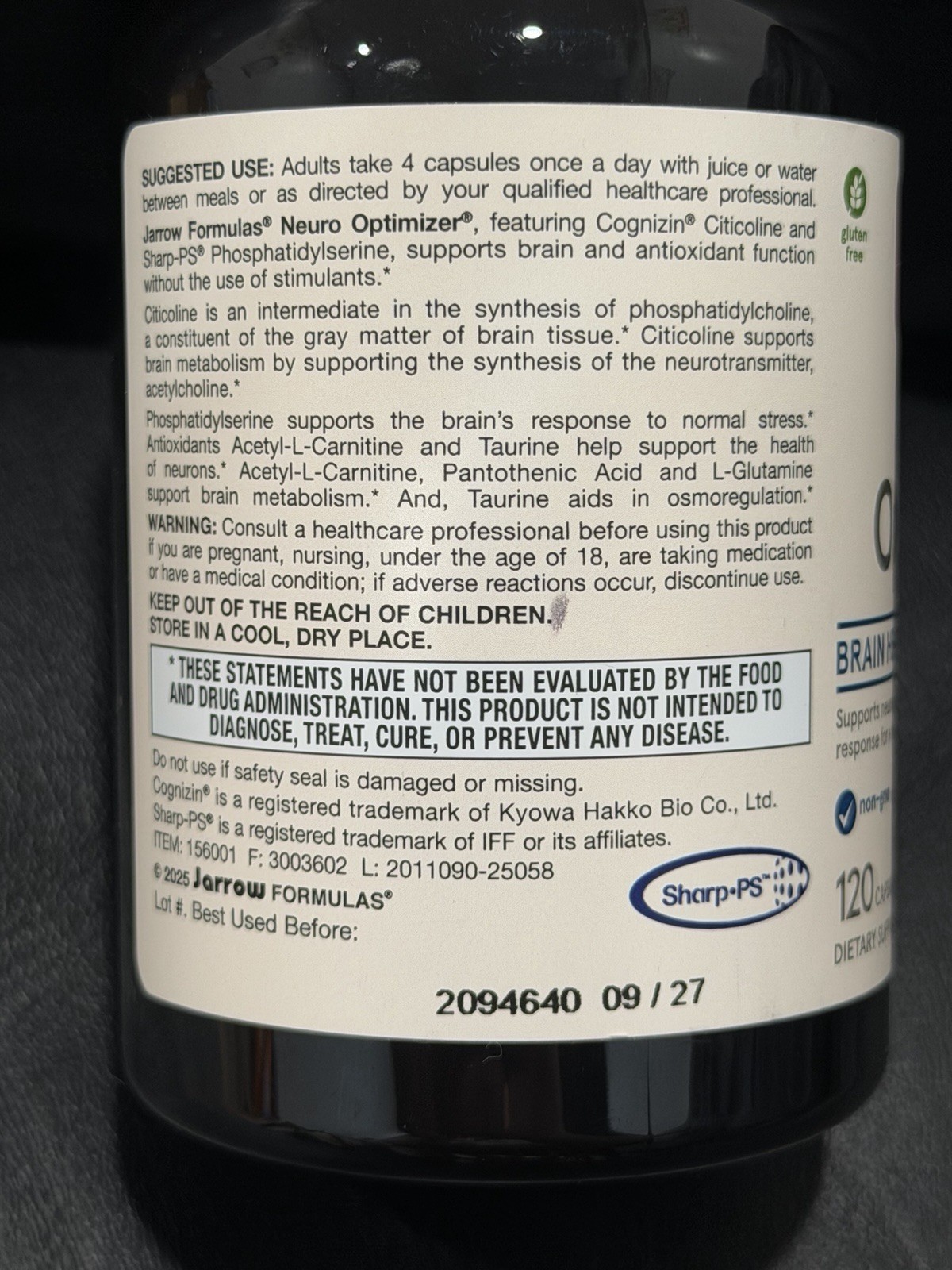 Jarrow Formulas Neuro Optimizer 120 Capsules Brain Health Pantothenic Acid