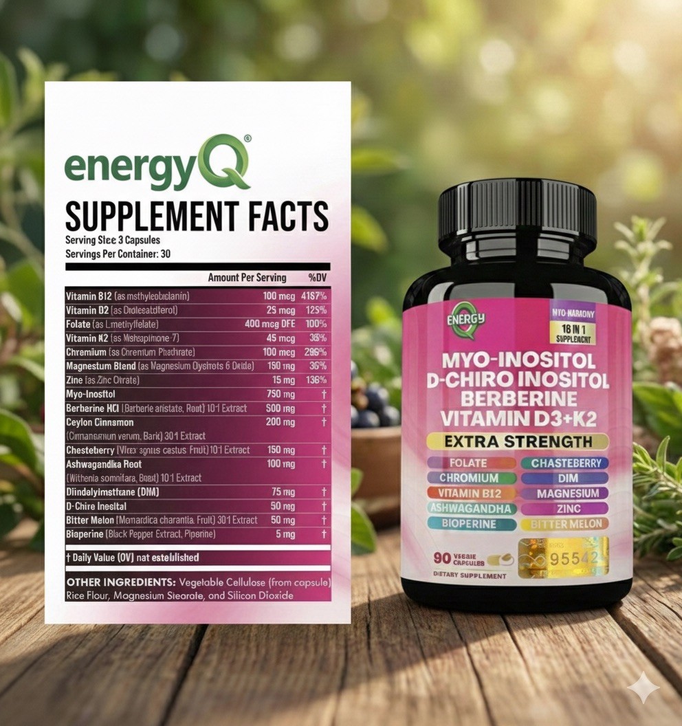 EnergyQ Myo-Inositol, D-Chiro Inositol, Berberine, D3 K2, Extra Strength, 90