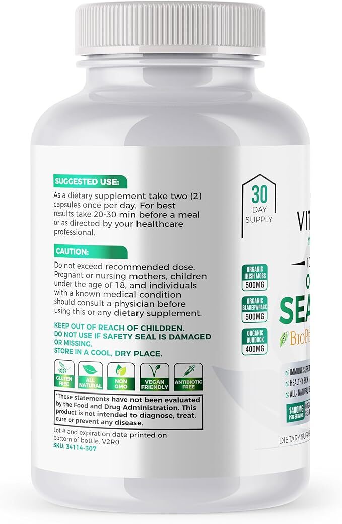 PREMIUM ORGANIC SEA MOSS CAPSULES 60PCS 1400MG PER SERVING PREBIOTIC SUPER FOOD