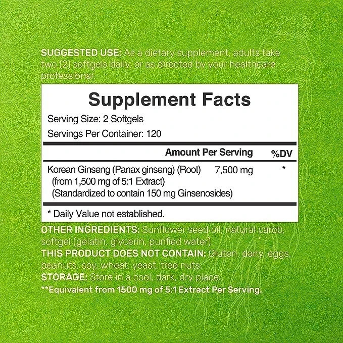 Korean Panax Ginseng High Strength 7500mg Energy 240 softgels 150mg Ginsenosides