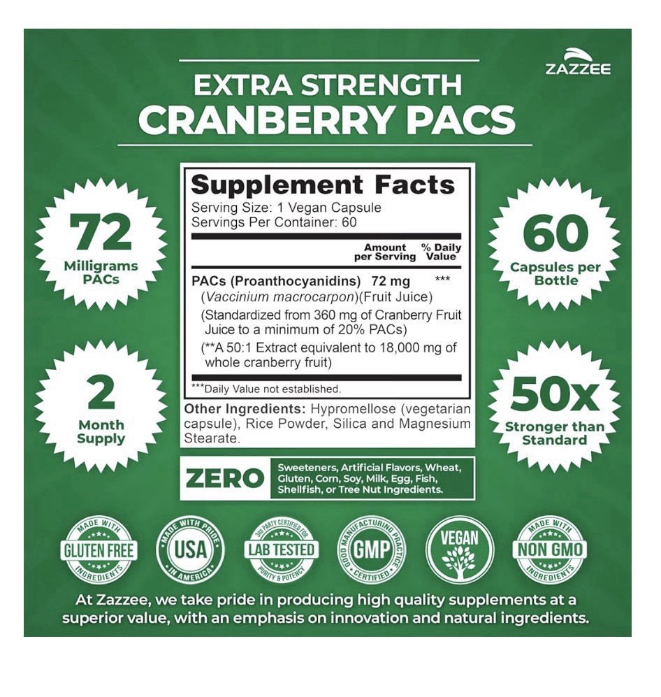 Zazzee Cranberry PACs Extra Strength Urinary Tract Support 100% Soluble 60 Caps