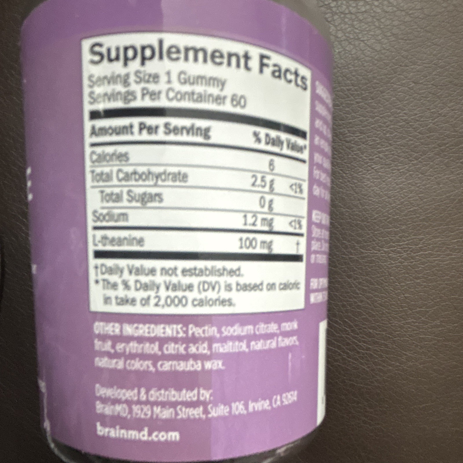 brainMD L-Theanine Gummies 100mg 60 Count Sugar-Free Vegan Berry Flavor
