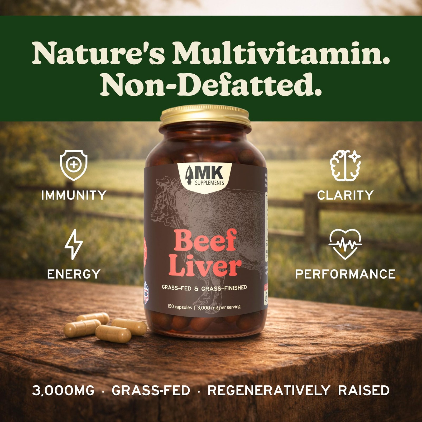 MK Supplements Grass Fed Beef Liver Supplement, Supports 30 Servings, Brown