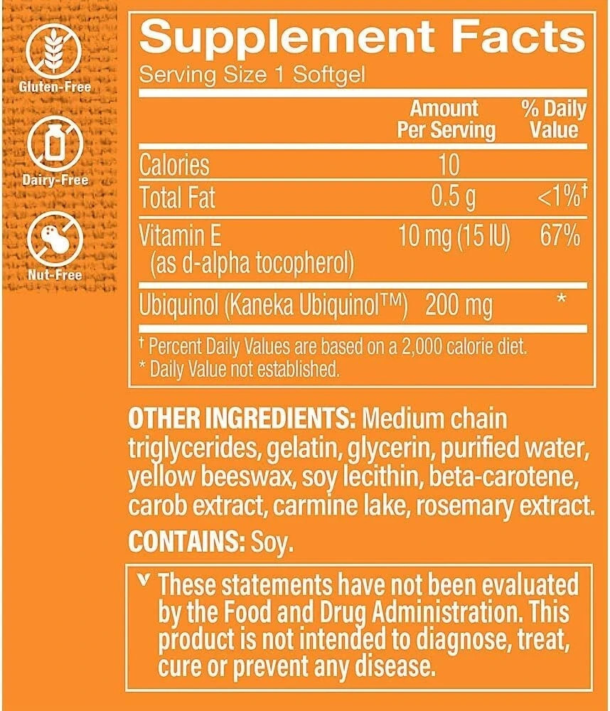 Ubiquinol CoQ-10- Helps Energy Production Supports Cellular 200-MG 120-Softgels