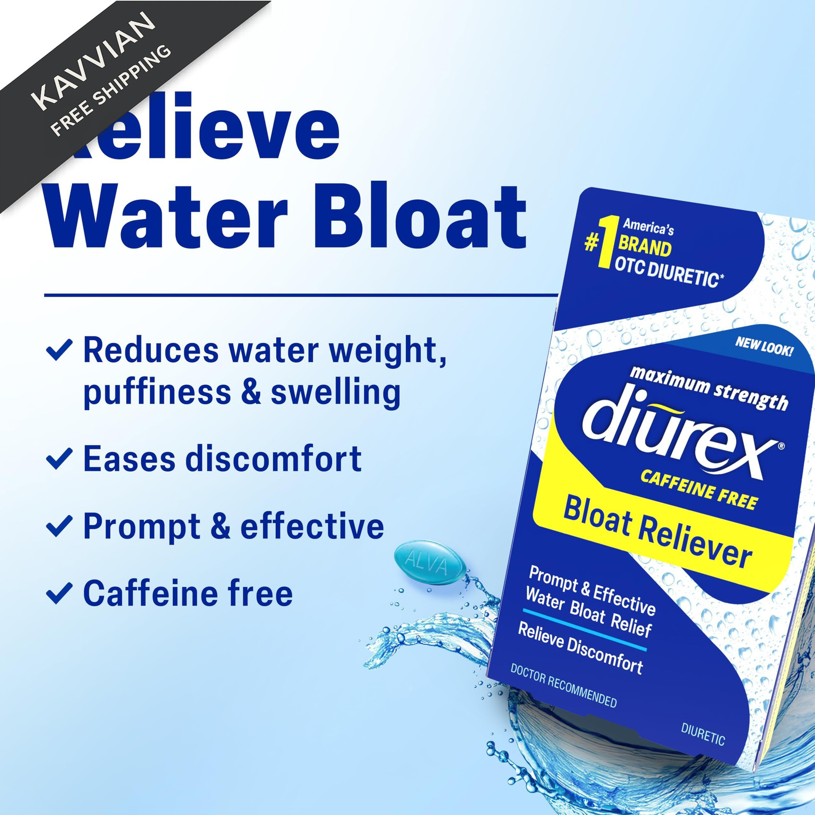 Diurex Caffeine-Free Bloat Relief, Maximum 48 Count (Pack of 1), Blue