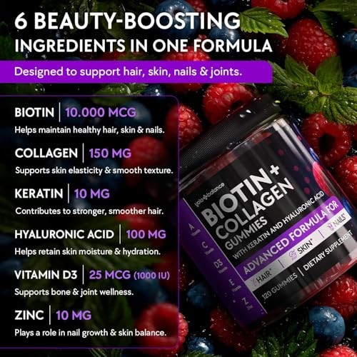 10,000mcg Biotin Gummies for Hair Growth – Collagen, Keratin, Silica &