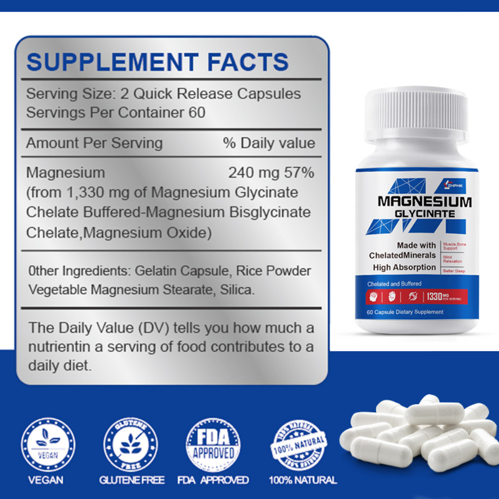 Magnesium Glycinate Capsules Made with Chelatedminerals High Absorption – 1330mg