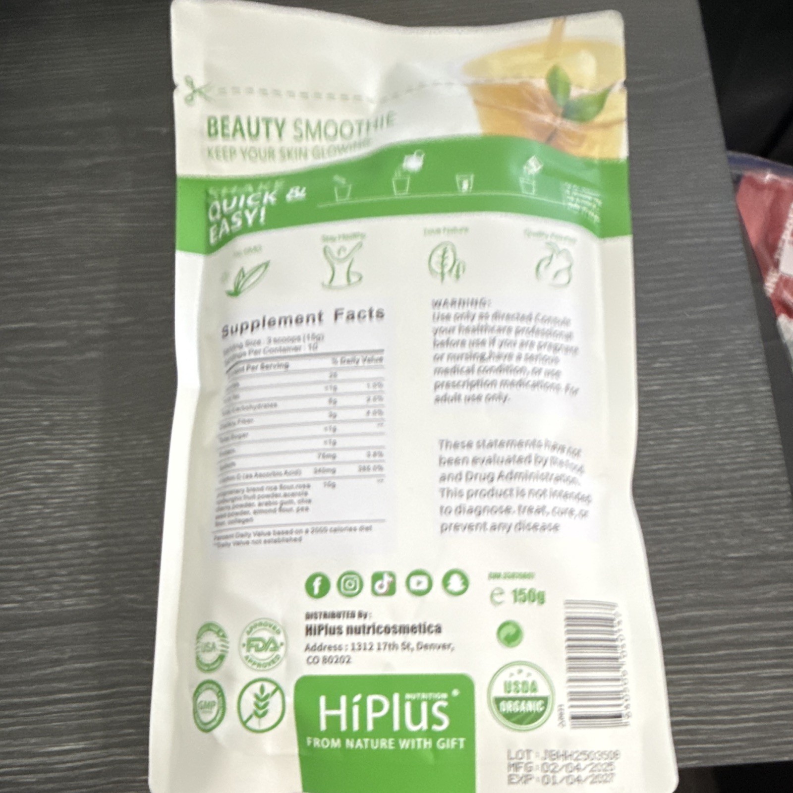 HiPlus Beauty Smoothie Powder Vitamin C USDA Organic Skin Care 150g