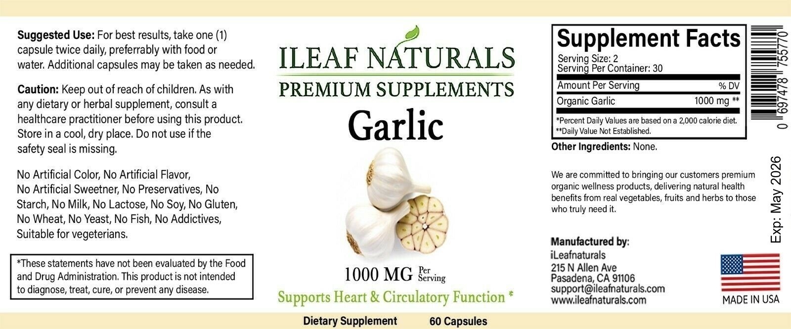 iLeafNaturals Garlic Capsules Heart & Blood Pressure Support – 1000 MG