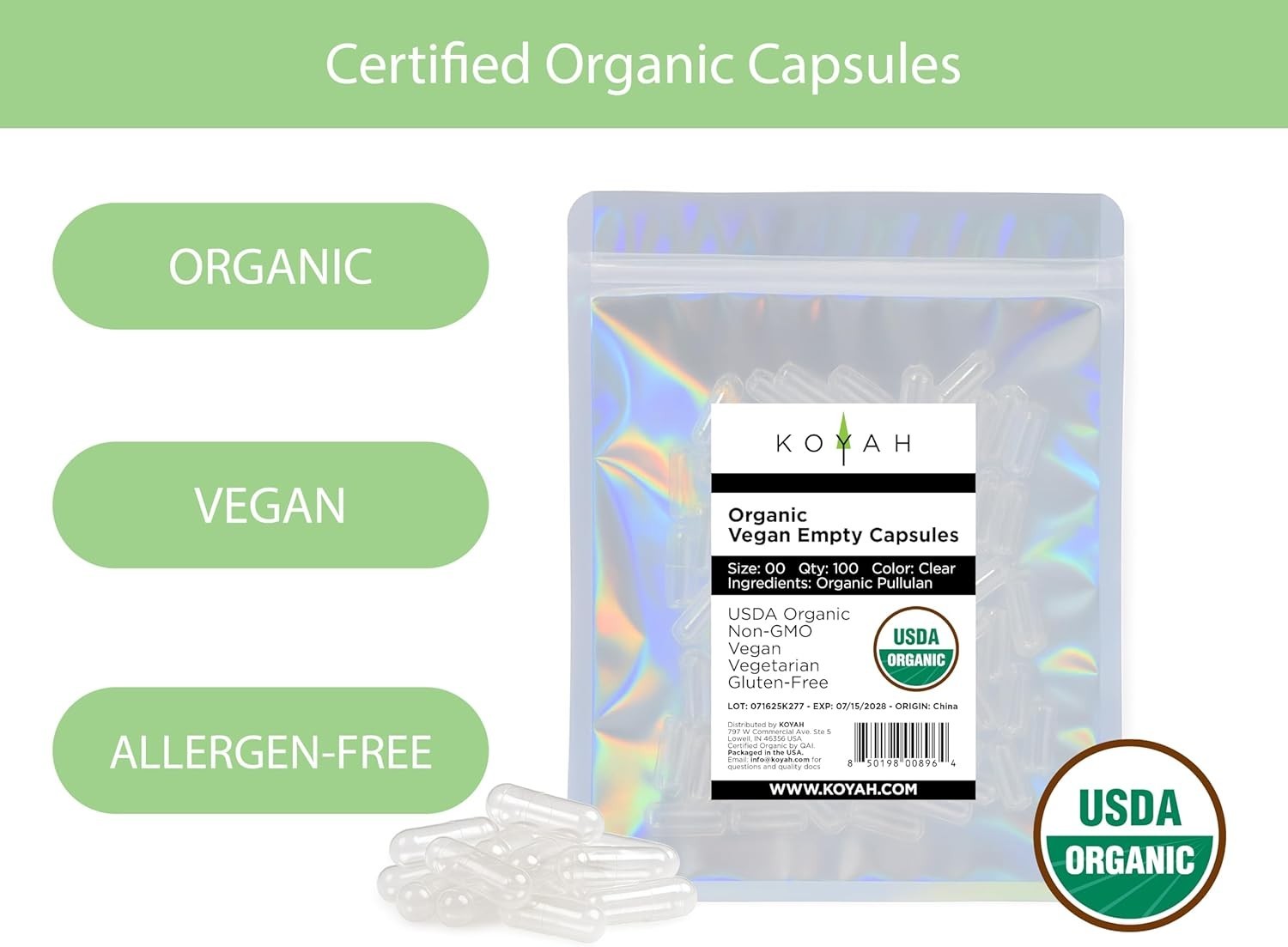 Certified Organic Empty Pullulan Capsules: Size 00, , Gluten-Free, Non-GMO, A…