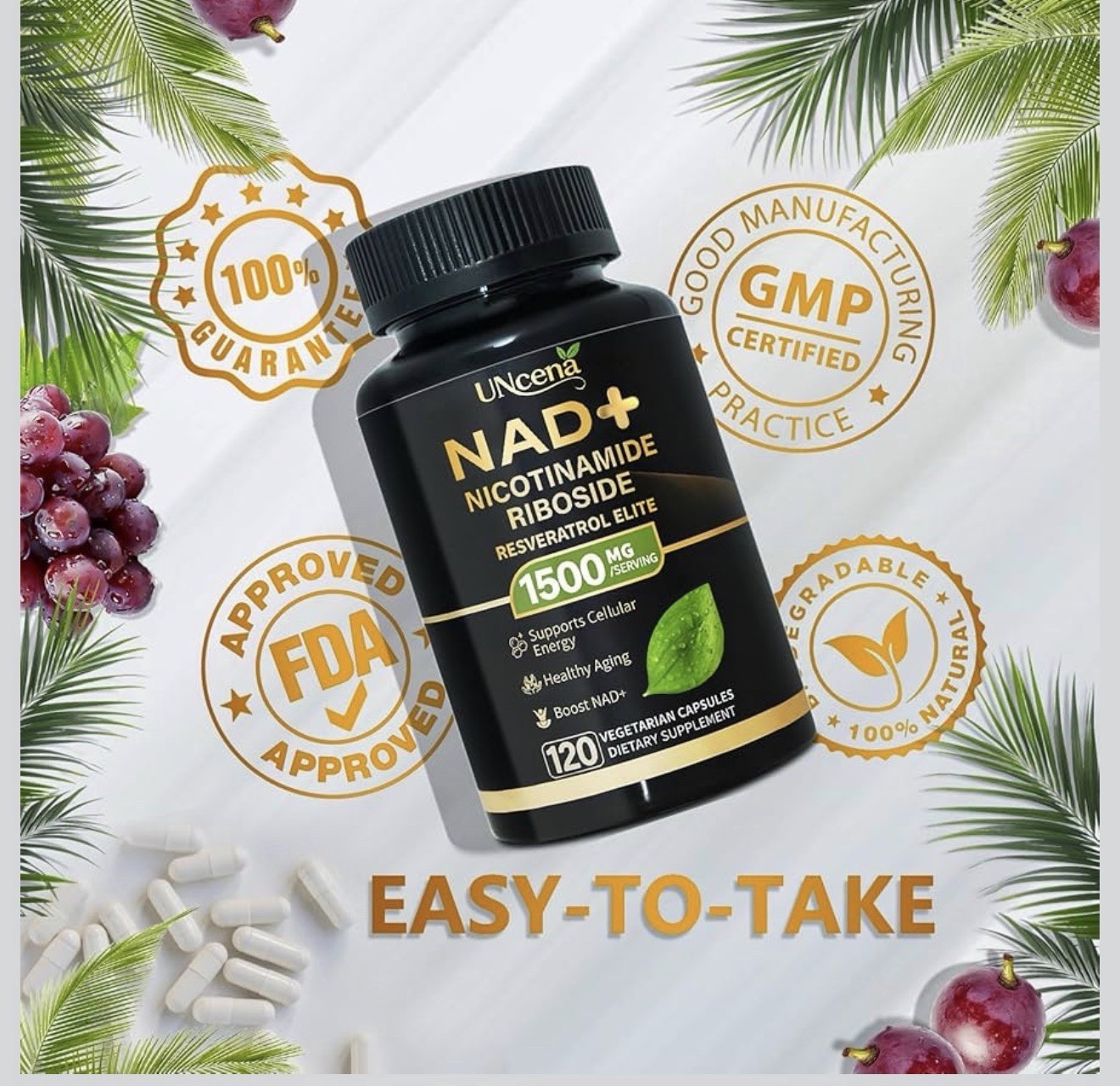 UNcena NAD+ Nicotinamide Riboside + Trans-Resveratrol 1500mg 120 Ct