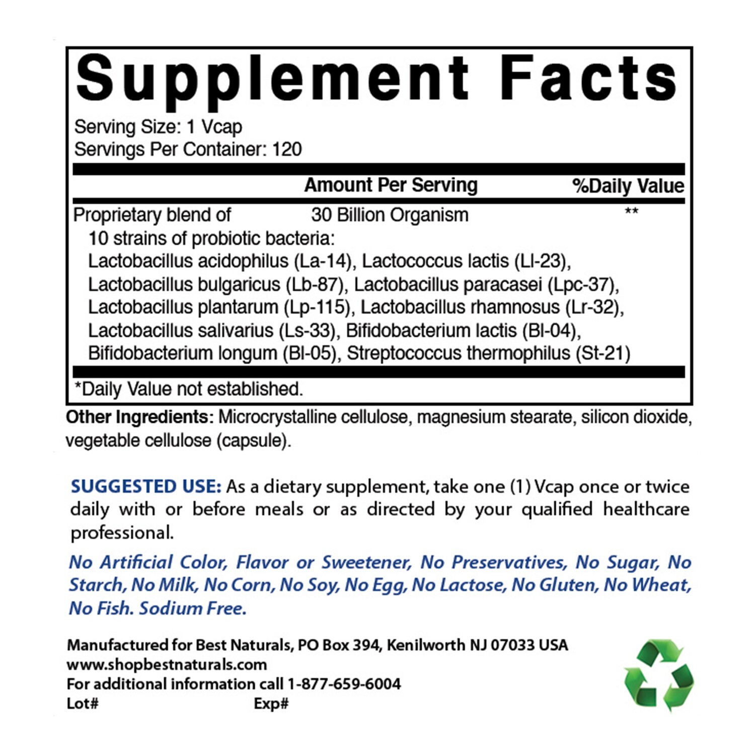 Best Naturals Probiotic 10 Strains & 30 Billion CFU, 120 Veggie Capsules