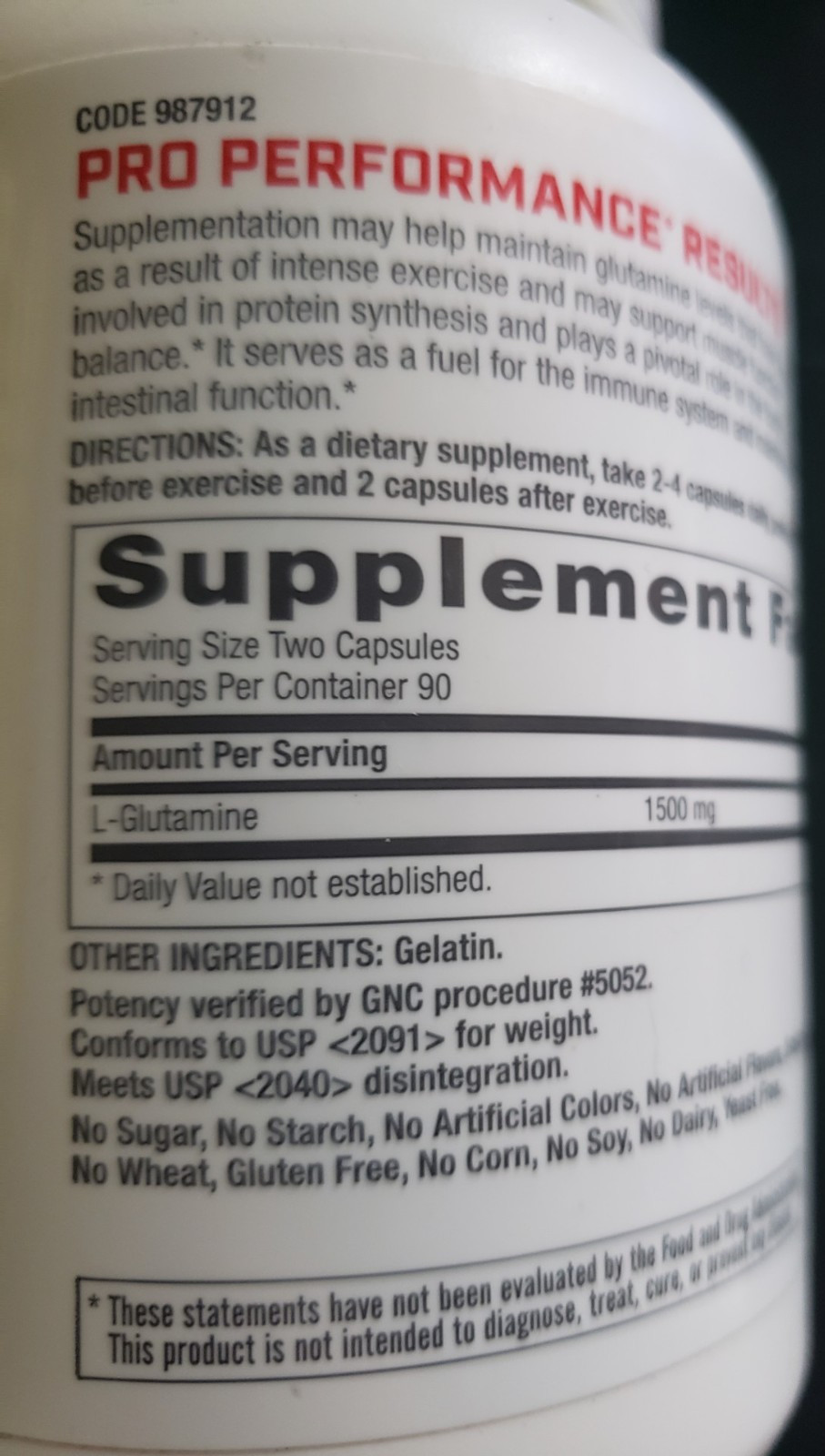 GNC – PRO PERFORMANCE L-Glutamine – 180 Capsules – 90 Servings – Exp 5/2027
