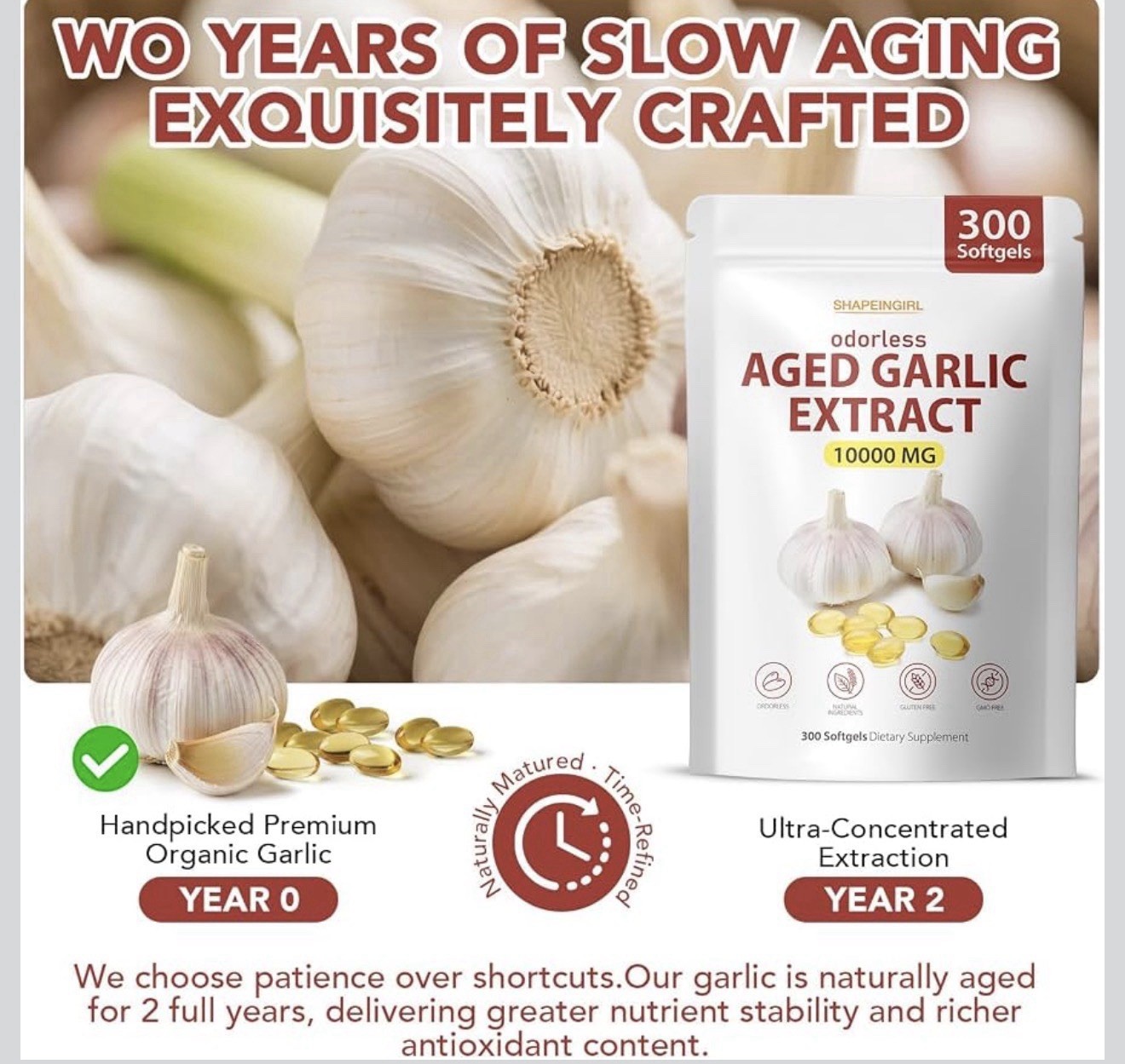 SHAPEINGIRL Odorless Aged Garlic Extract 10000mg 300 Softgels Gluten-Free