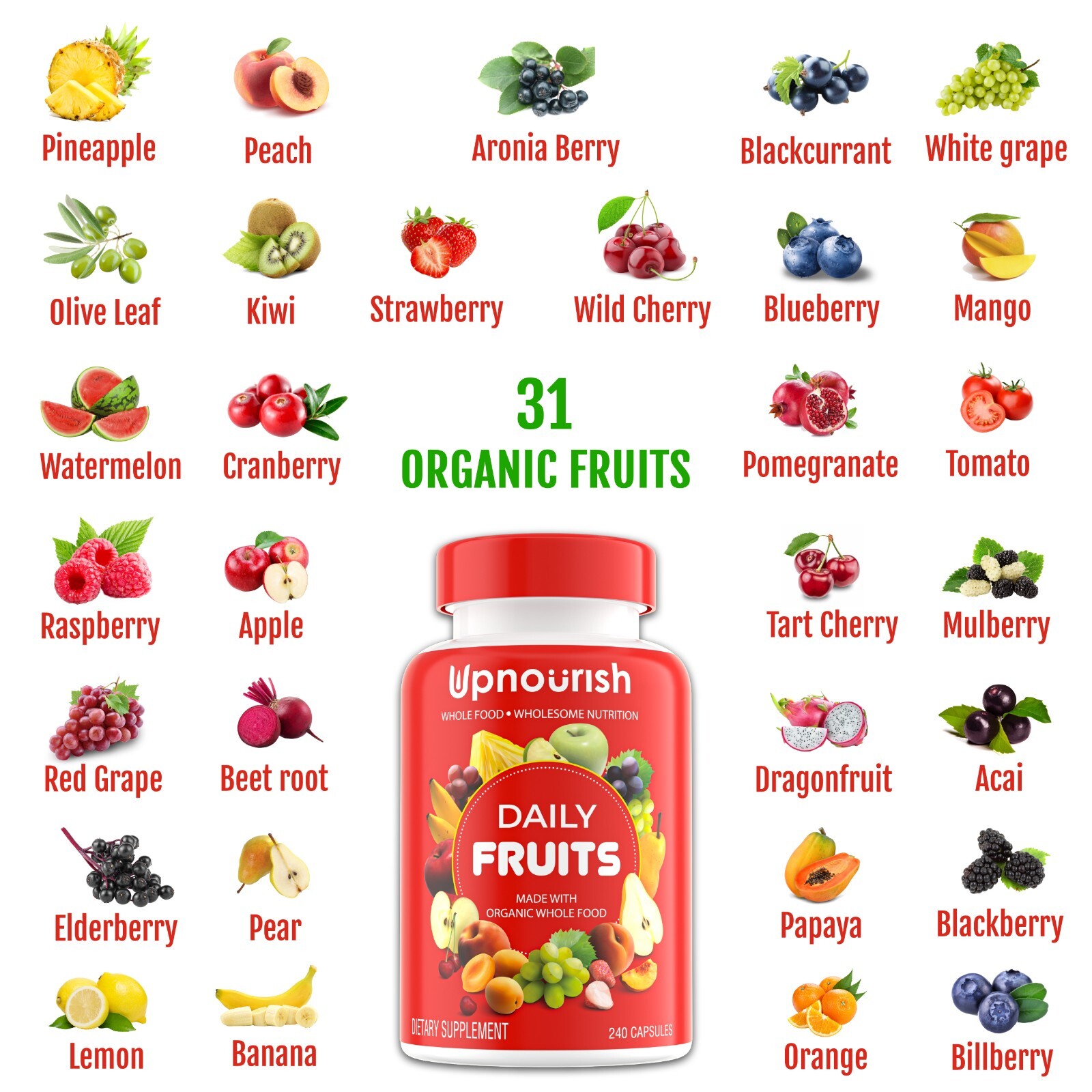 Organic Fruits and Veggies Supplement – 480 Vegan Fruits and Vegetable Capsules