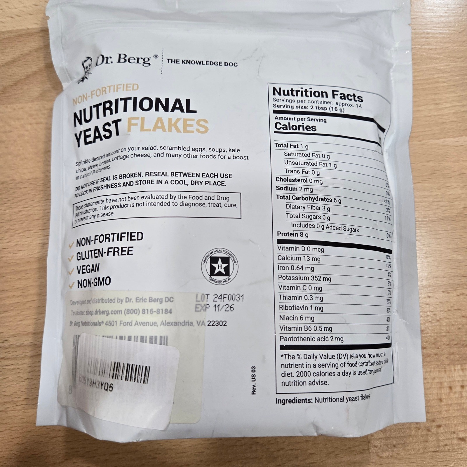 Dr. Berg Non-Fortified Nutritional Yeast Flakes Gluten-Free Vegan Non-GMO 8 oz