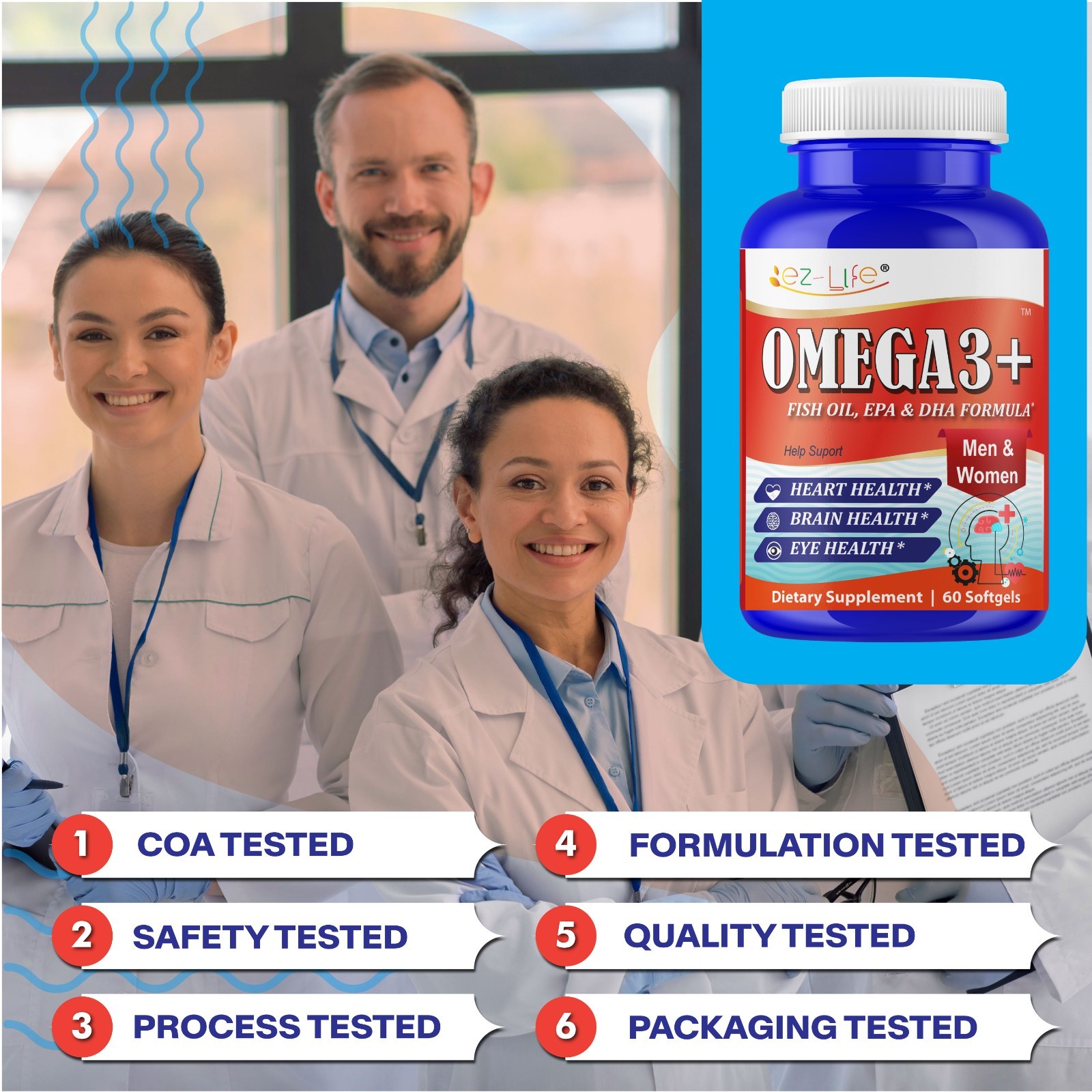 Fish Oil EPA DHA Omega 3 Supplement for Brain Heart Eye Support- 60 Softgels
