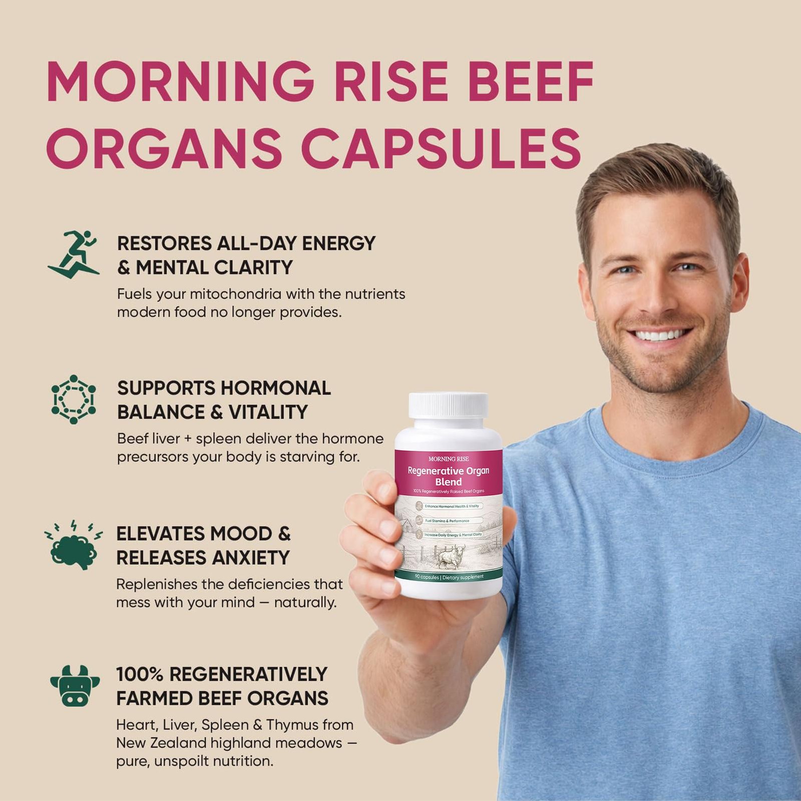 1/2/3x MORNING RISE Beef Organs Capsules 90ct Regenerative Raising Non-GMO